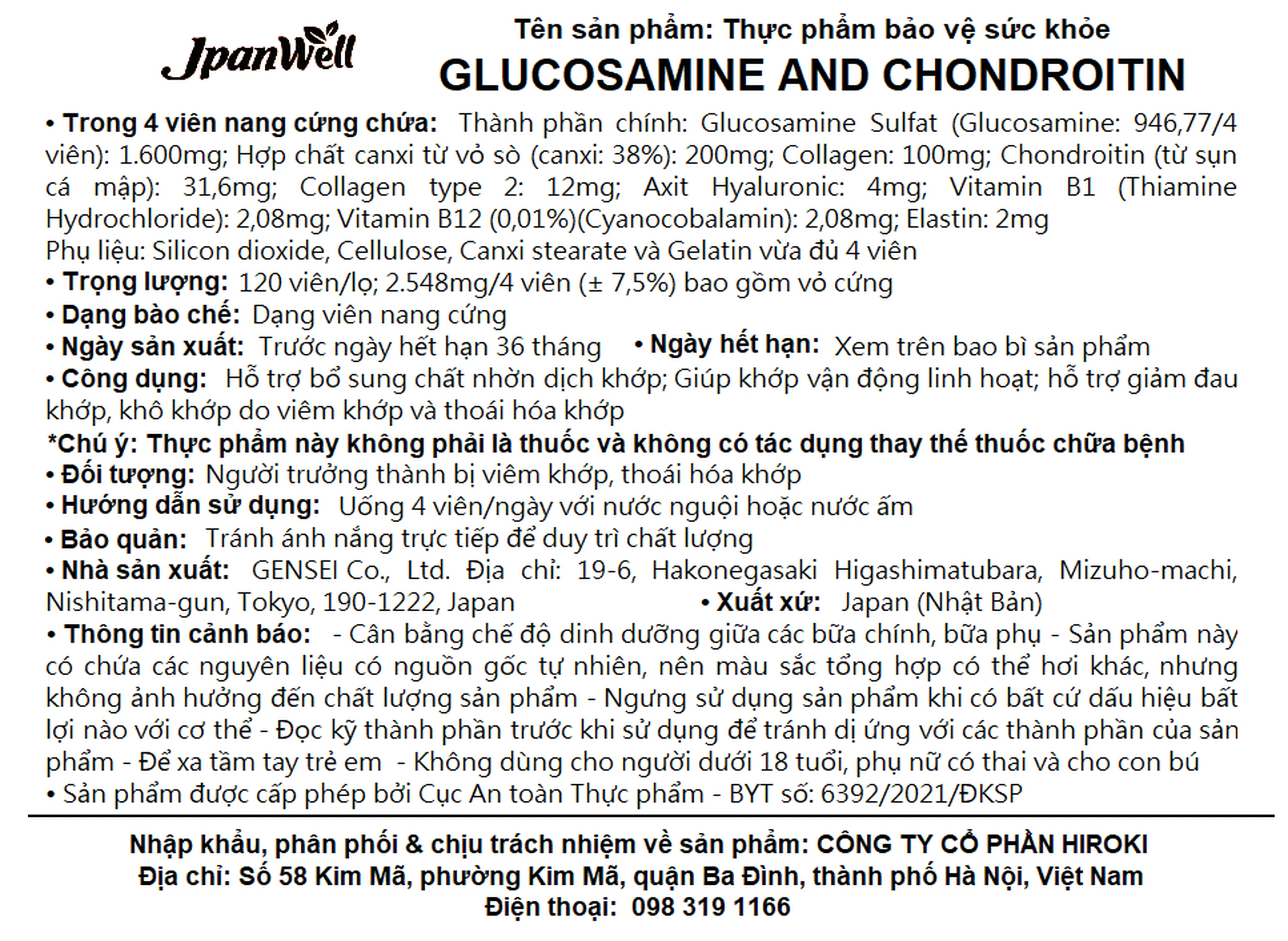 Viên uống giúp giảm đau khớp, khô khớp, bổ sung chất nhờn dịch khớp Glucosamine And Chondroitin Jpanwell (120 viên)