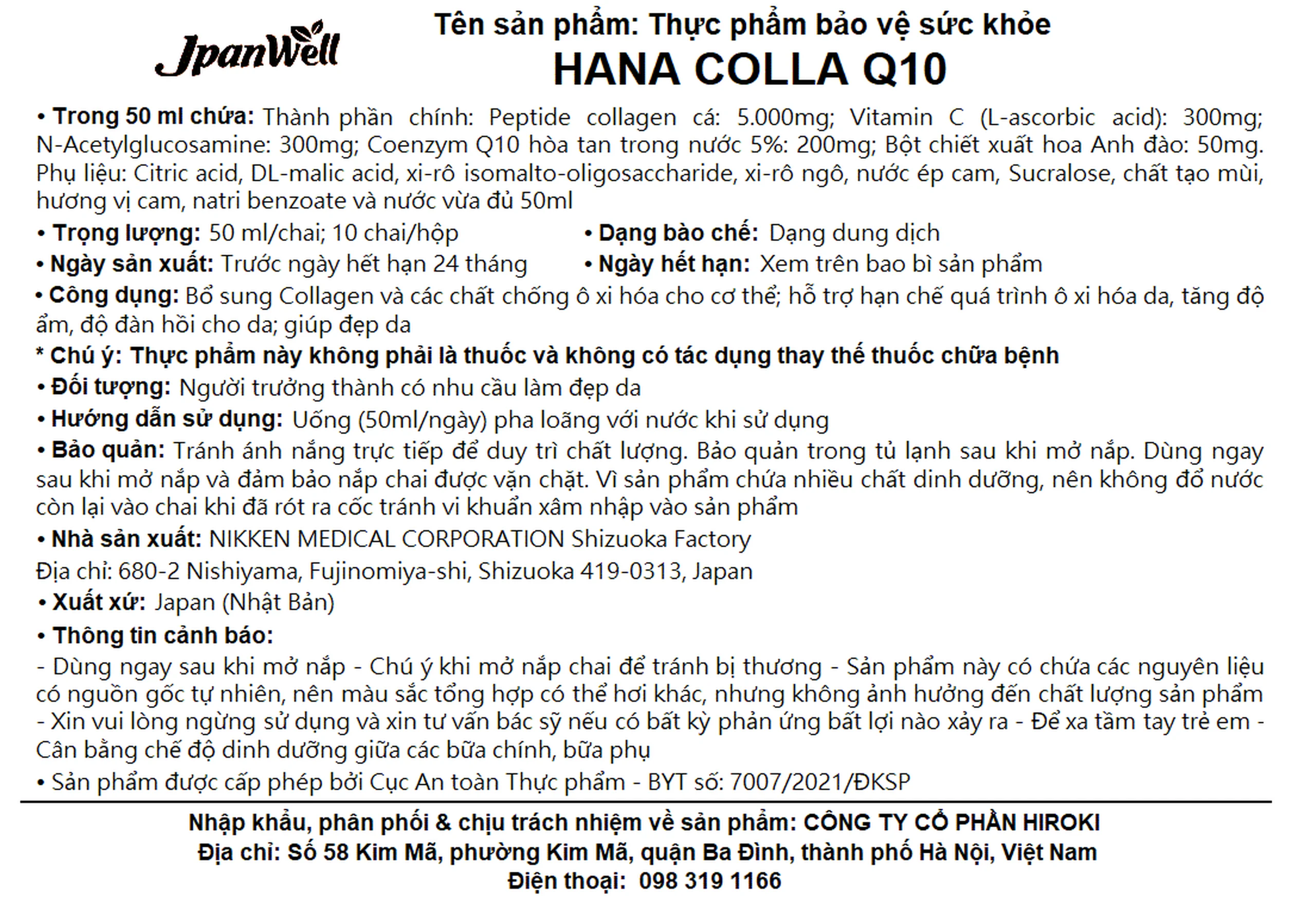 Chai uống bổ sung collagen giúp đẹp da tăng độ ẩm cho da và độ đàn hồi cho da Hana Colla Q10 Jpanwell (10 chai x 50ml)