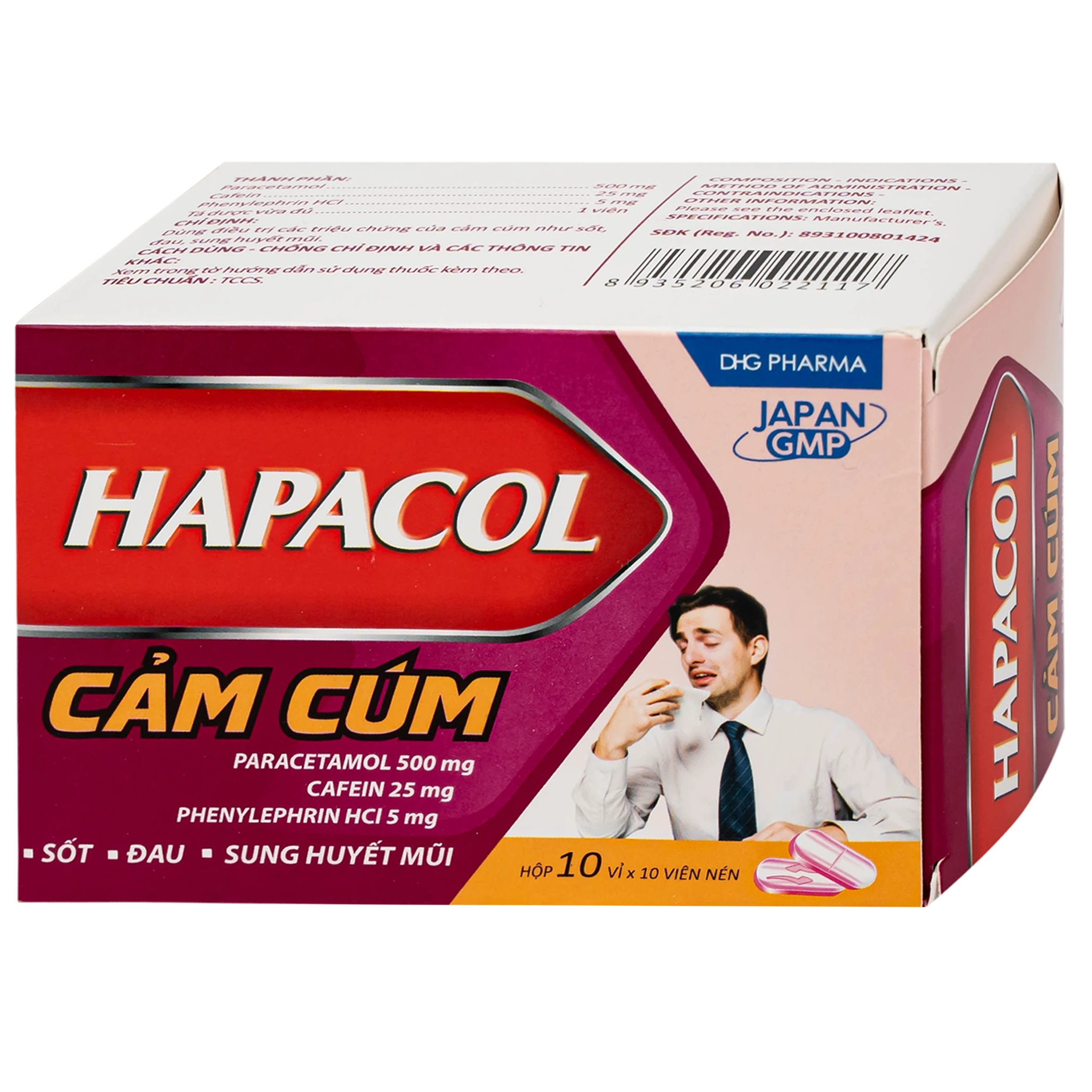 Thuốc Hapacol cảm cúm DHG Pharma Điều trị các triệu chứng của cảm cúm như sốt, đau, sung huyết mũi (10 vỉ x 10 viên)