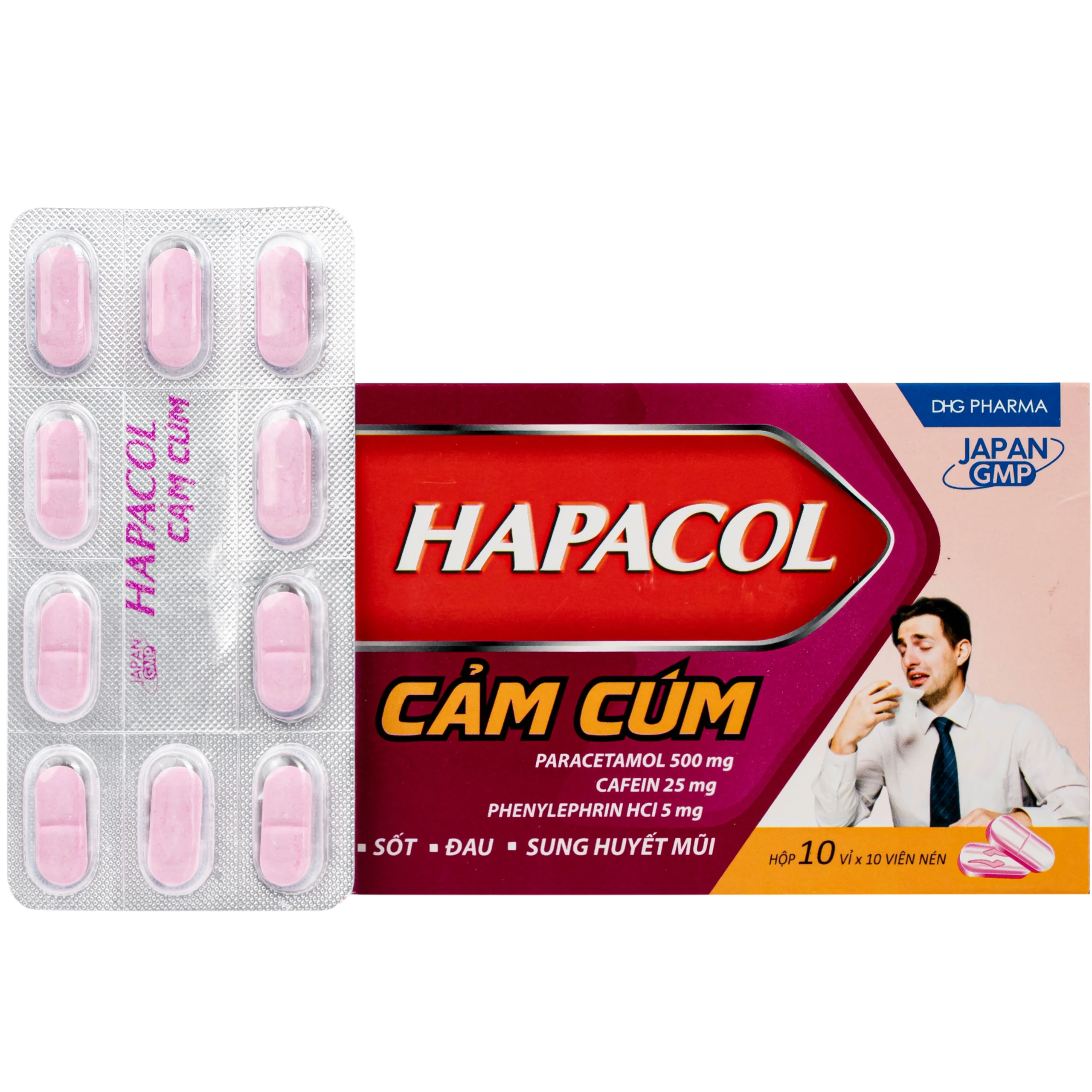 Thuốc Hapacol cảm cúm DHG Pharma Điều trị các triệu chứng của cảm cúm như sốt, đau, sung huyết mũi (10 vỉ x 10 viên)