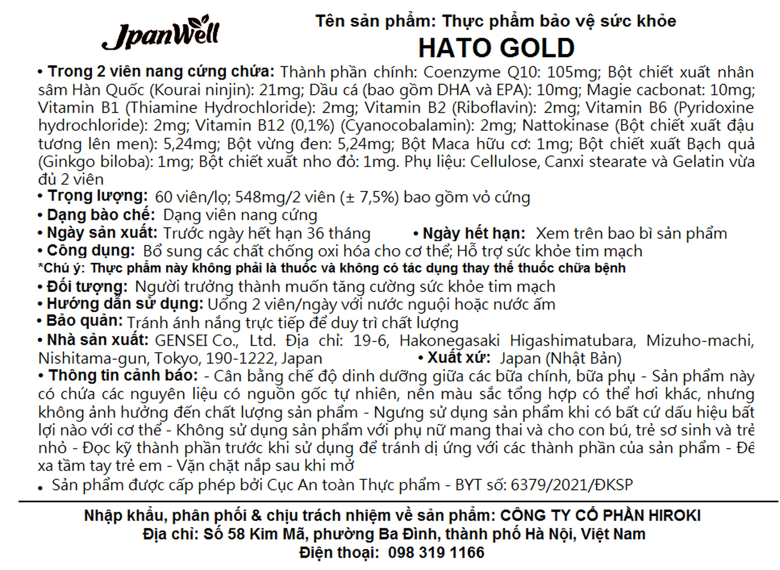 Viên uống hỗ trợ tim mạch, bổ sung các chất chống oxi hóa cho cơ thể Hato Gold Jpanwell (60 viên)