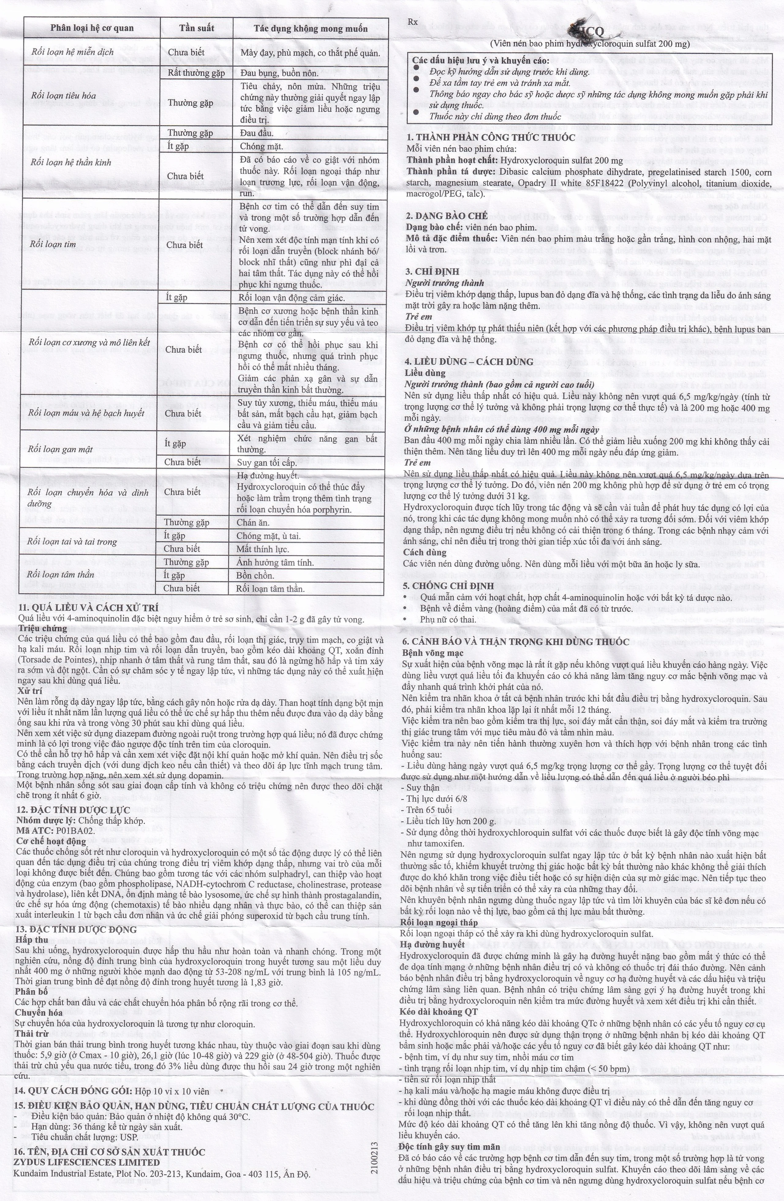 Thuốc HCQ 200mg Zydus phòng ngừa hoặc điều trị sốt rét cấp tính (10 vỉ x 10 viên)