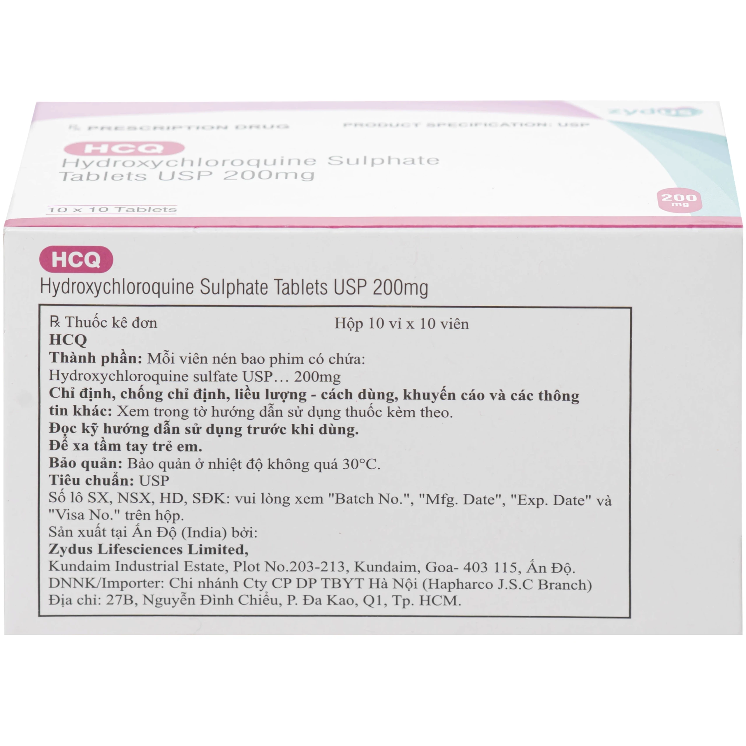 Thuốc HCQ 200mg Zydus phòng ngừa hoặc điều trị sốt rét cấp tính (10 vỉ x 10 viên)