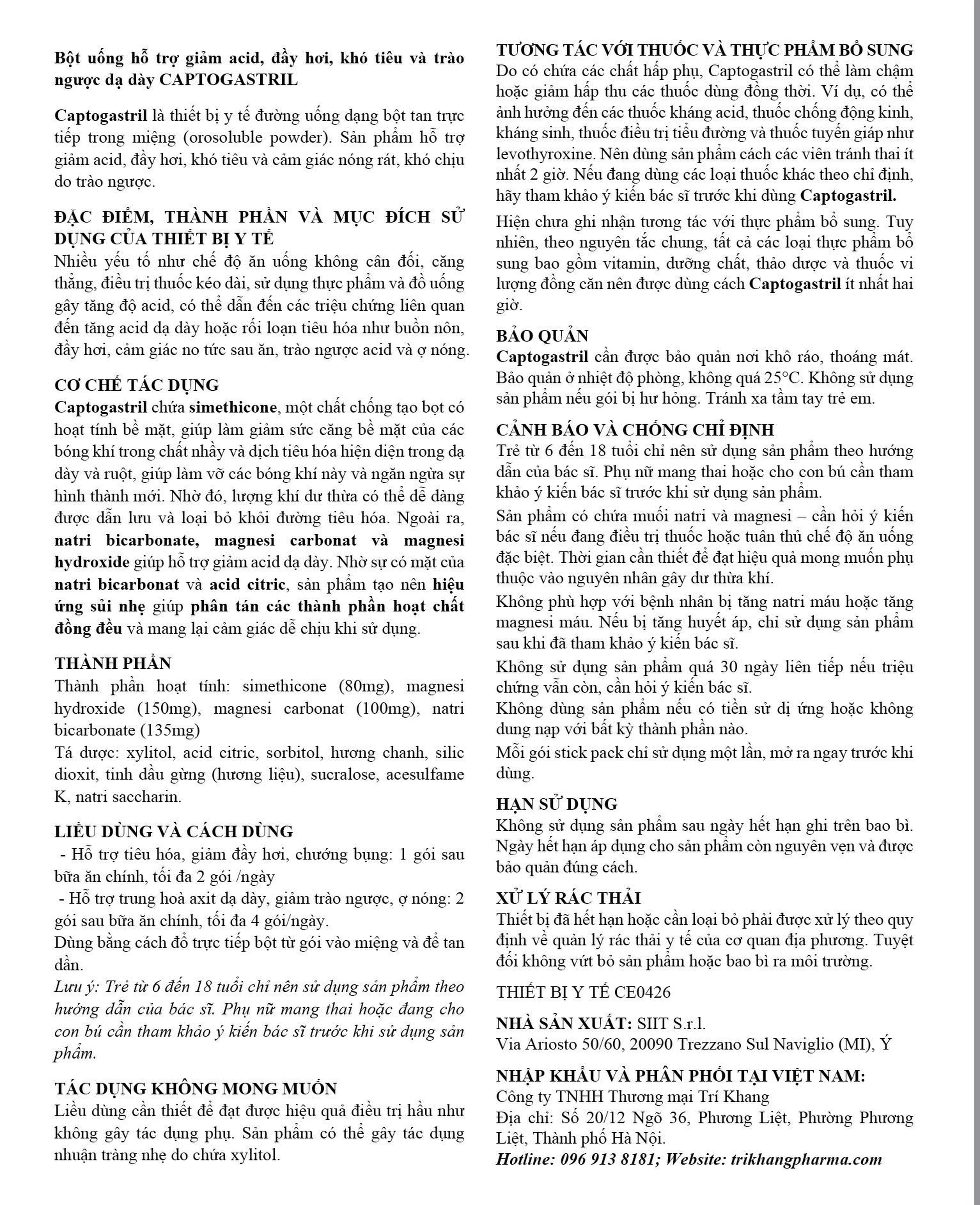 Vi bột Captogastril giảm nhanh acid, đau dạ dày, ợ nóng, đầy hơi, buồn nôn, khó tiêu hộp 20 gói