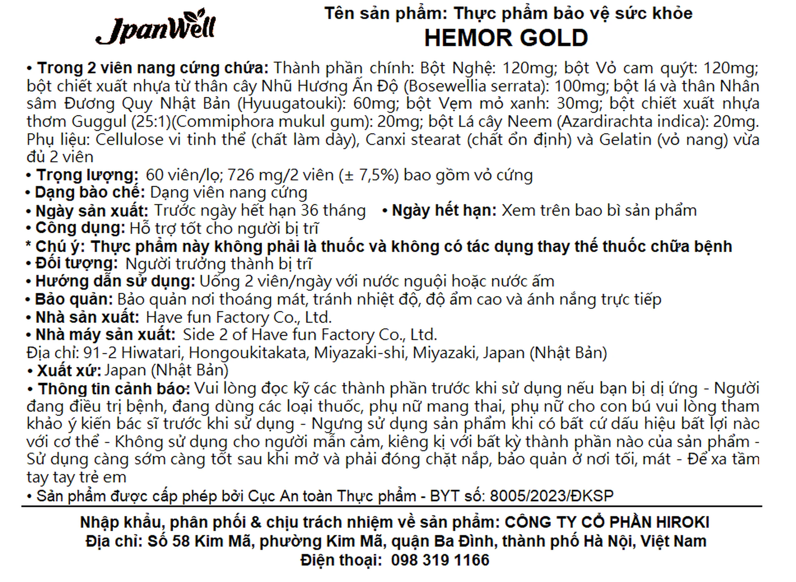 Viên uống hỗ trợ tốt cho người bị trĩ Hemor Gold Jpanwell (60 viên)