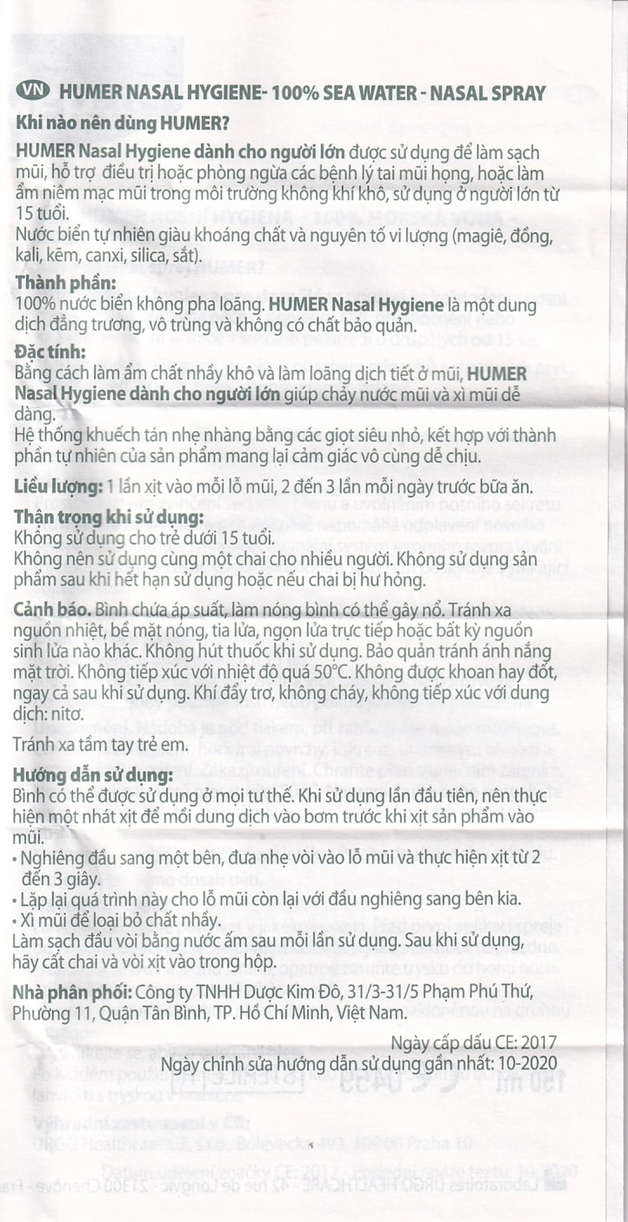 Xịt mũi người lớn Humer 150 Nasal Hygiene Adulte 150ml giúp vệ sinh mũi hàng ngày cho người trên 15 tuổi