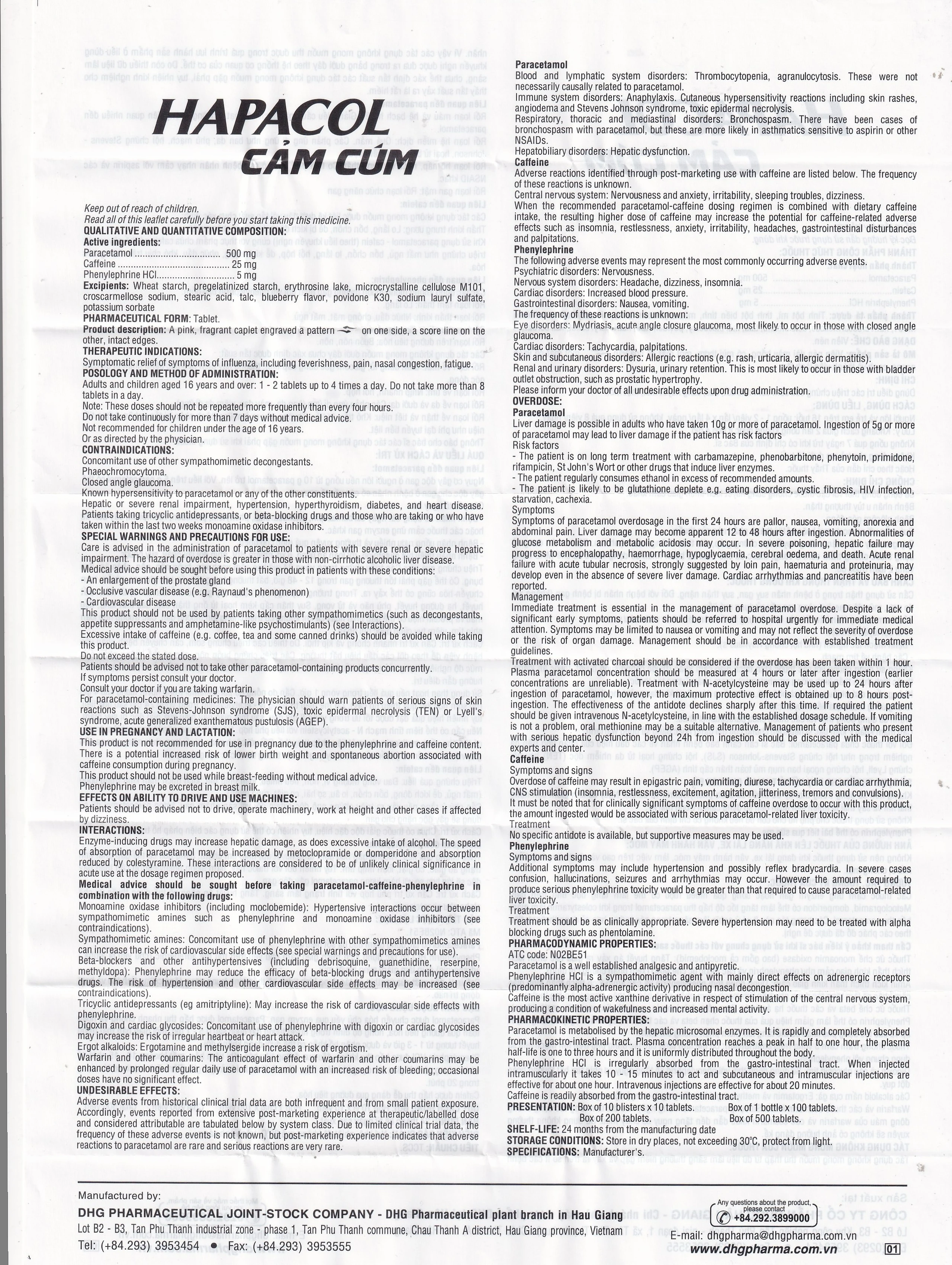 Thuốc Hapacol cảm cúm DHG Pharma Điều trị các triệu chứng của cảm cúm như sốt, đau, sung huyết mũi (10 vỉ x 10 viên)