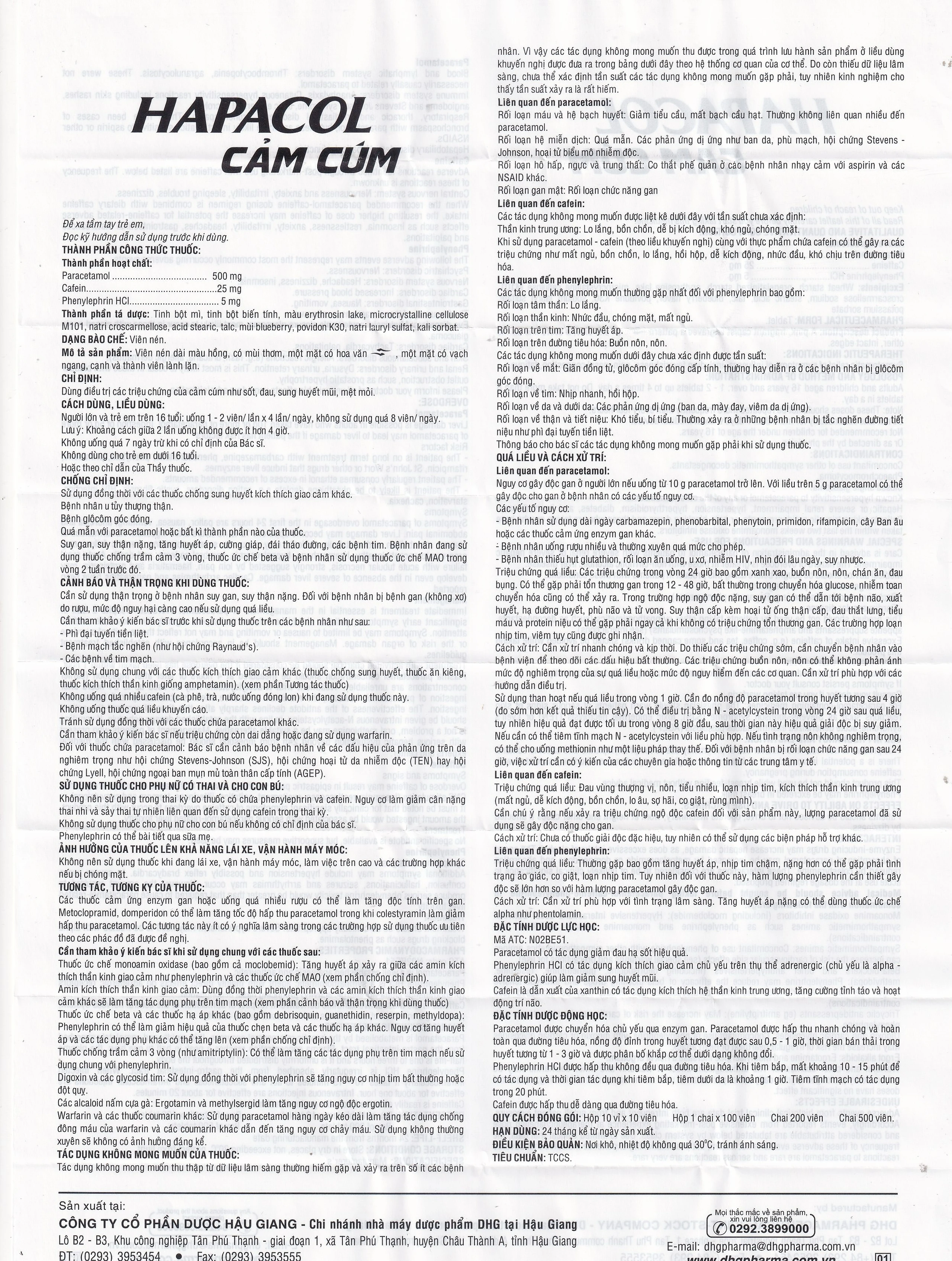 Thuốc Hapacol cảm cúm DHG Pharma Điều trị các triệu chứng của cảm cúm như sốt, đau, sung huyết mũi (10 vỉ x 10 viên)