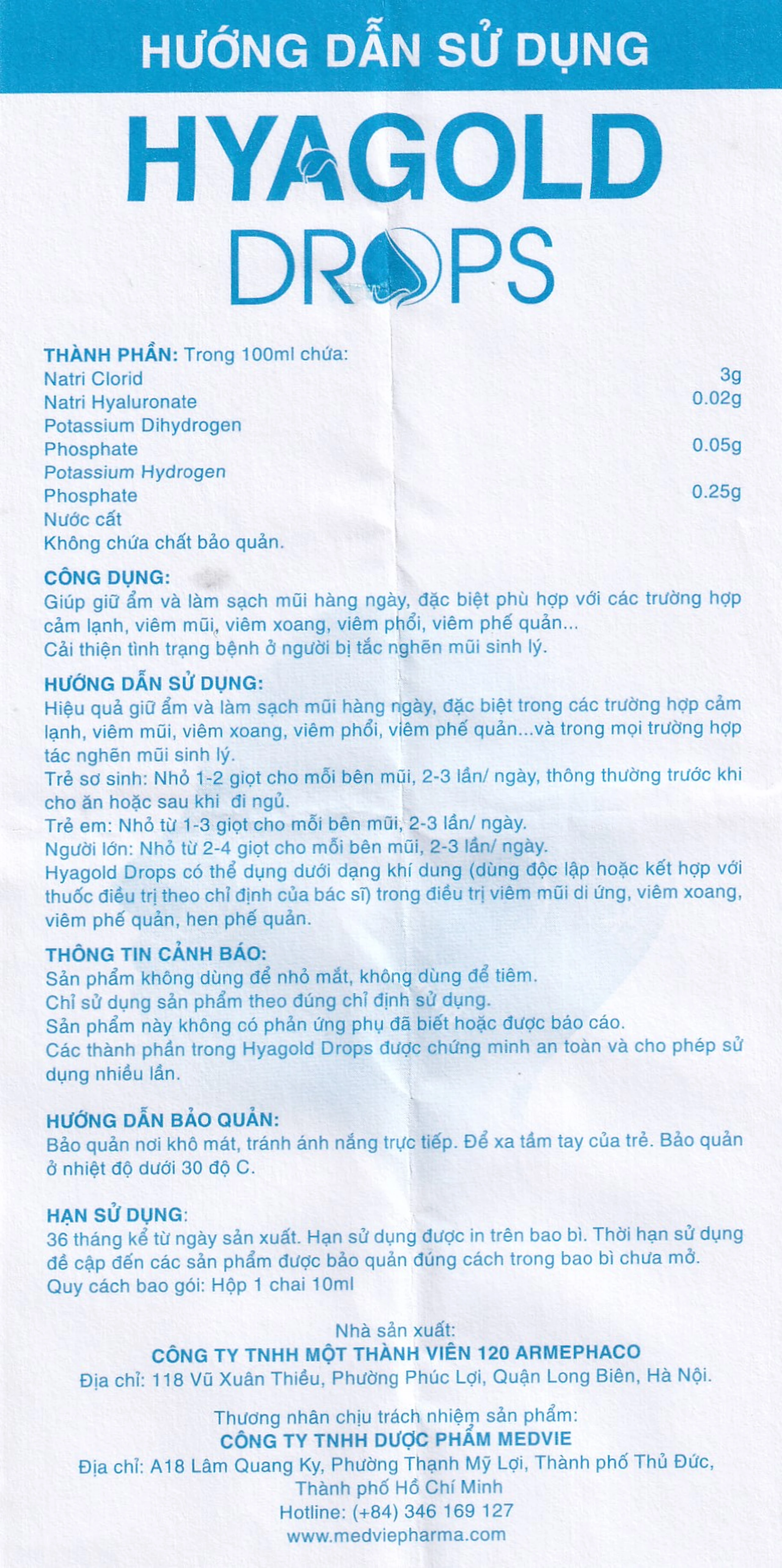 Nhỏ mũi Hyagold Drops Medvie 10ml giúp giữ ẩm và làm sạch mũi hàng ngày