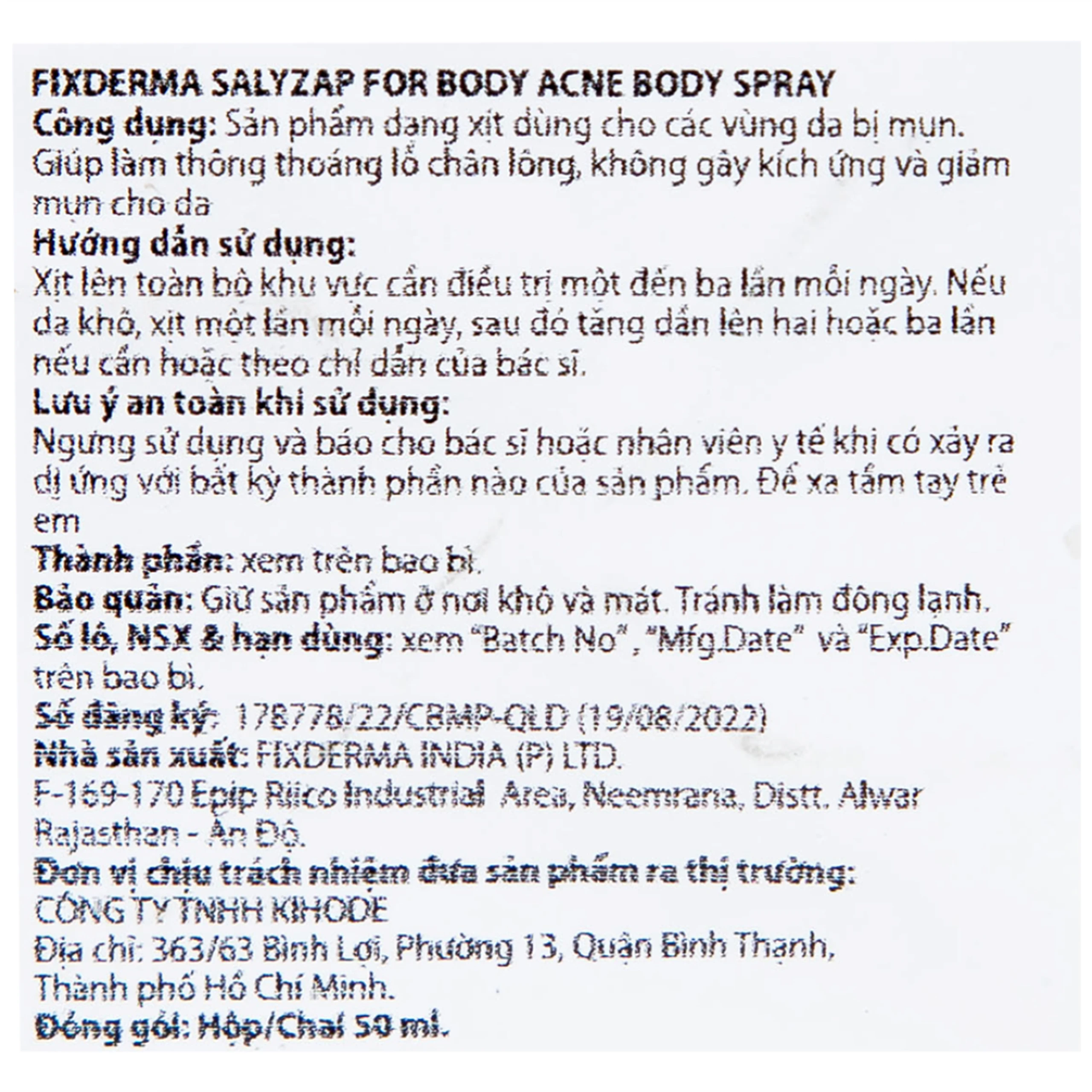 Xịt mụn lưng Fixderma Salyzap 50ml