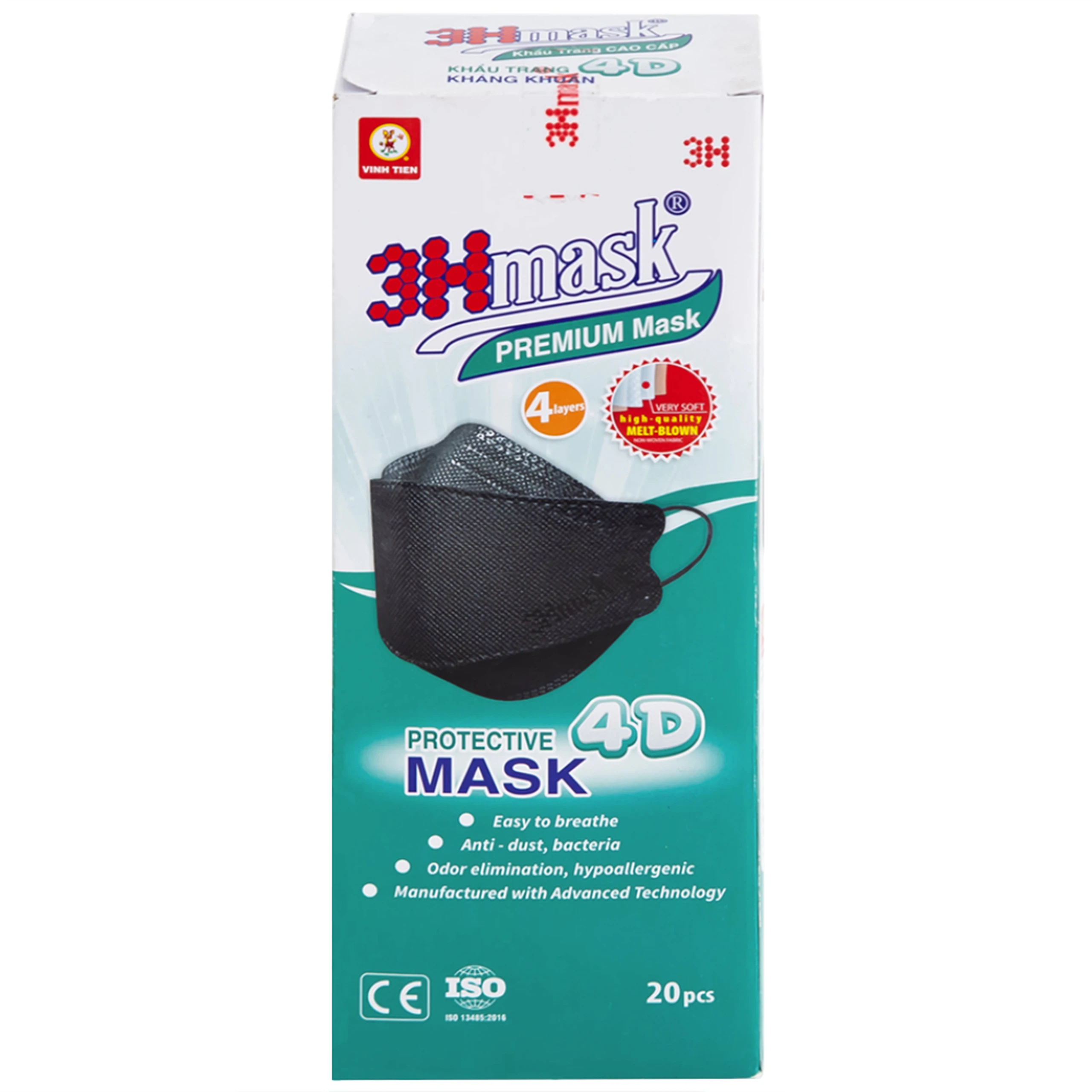 Khẩu trang 4 lớp Vĩnh Tiến 4D 3Hmask màu đen (20 cái) ngăn khói bụi, vi khuẩn