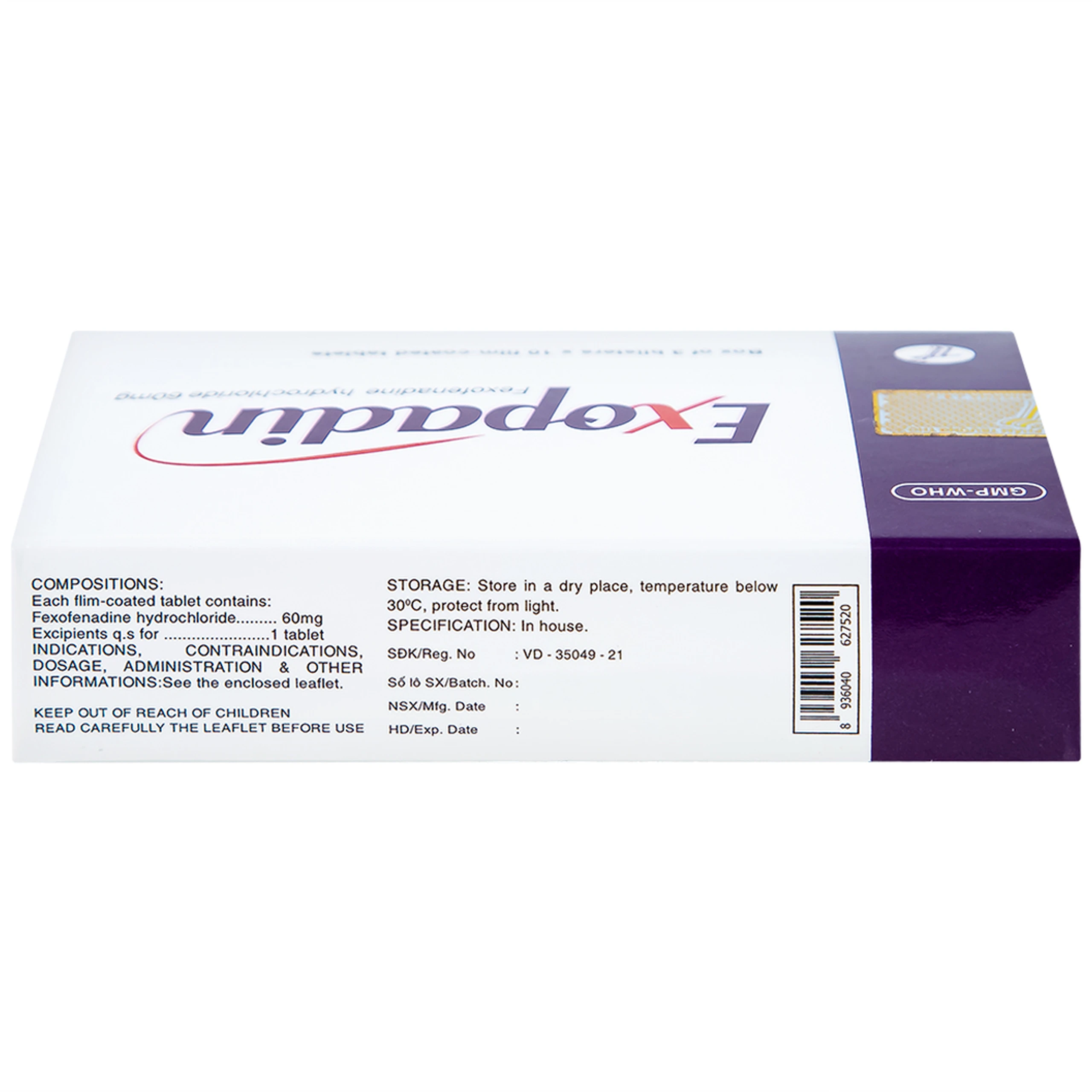 Thuốc Exopadin 60mg Trường Thọ điều trị viêm mũi dị ứng, mày đay (3 vỉ x 10 viên) 