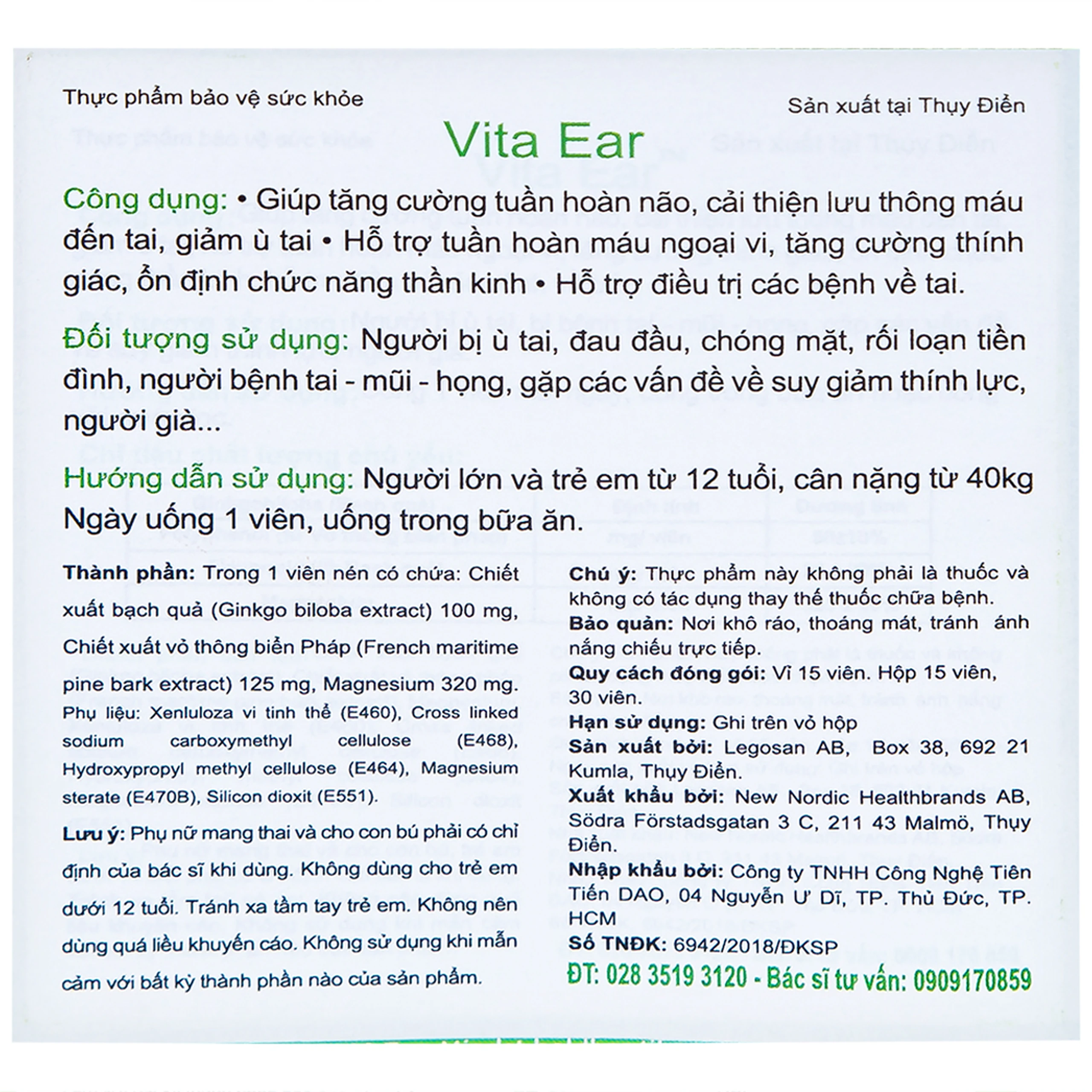 Viên uống hỗ trợ các bệnh về tai, giảm ù tai, tăng cường thính giác Vita Ear New Nordic (15 viên)