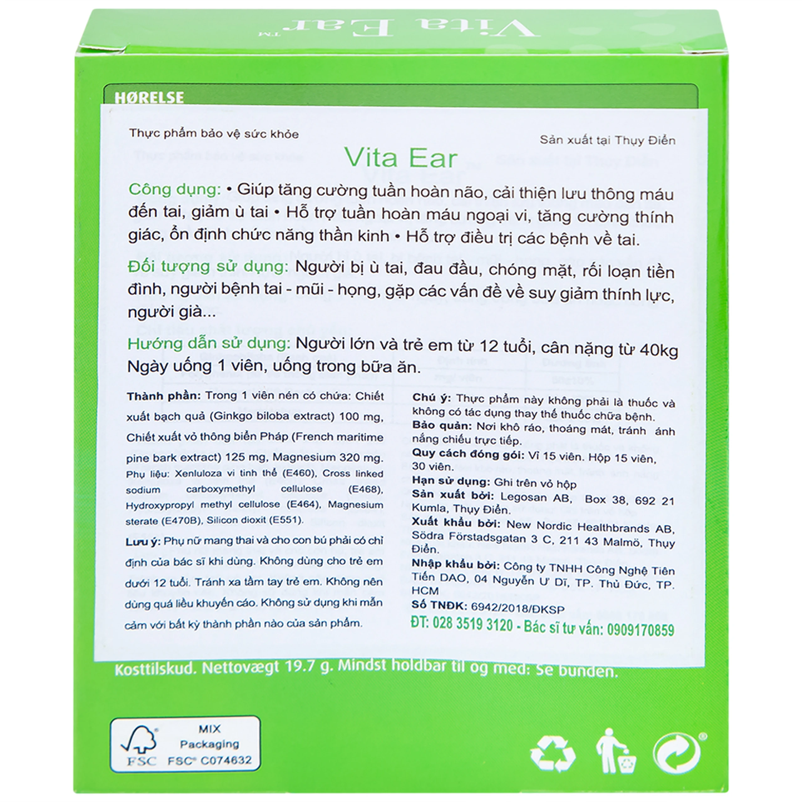 Viên uống hỗ trợ các bệnh về tai, giảm ù tai, tăng cường thính giác Vita Ear New Nordic (15 viên)