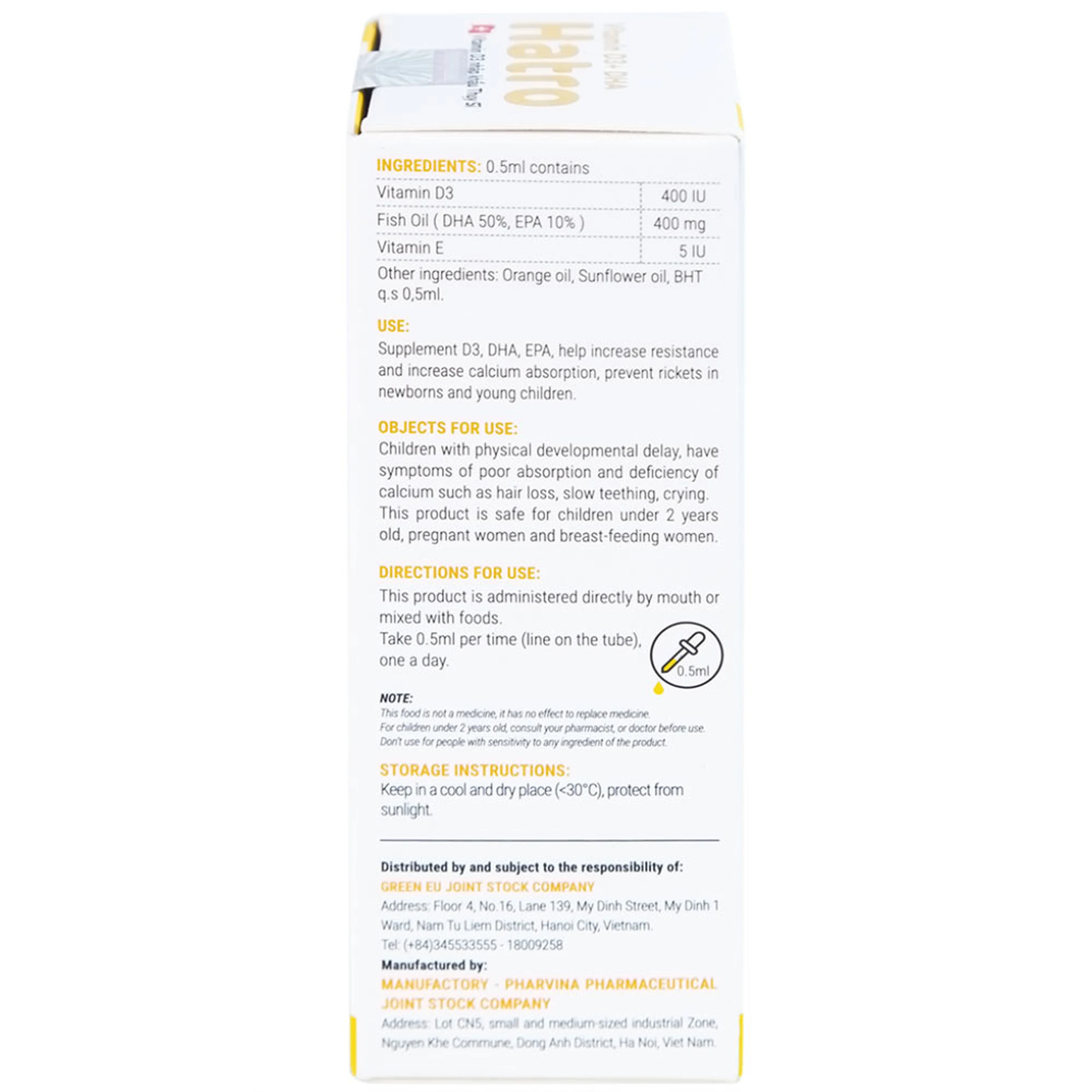 Dung dịch bổ sung Vitamin D3, DHA, EPA tăng đề kháng, giảm nguy cơ còi xương Vitamin D3+ DHA Hatro (20ml)