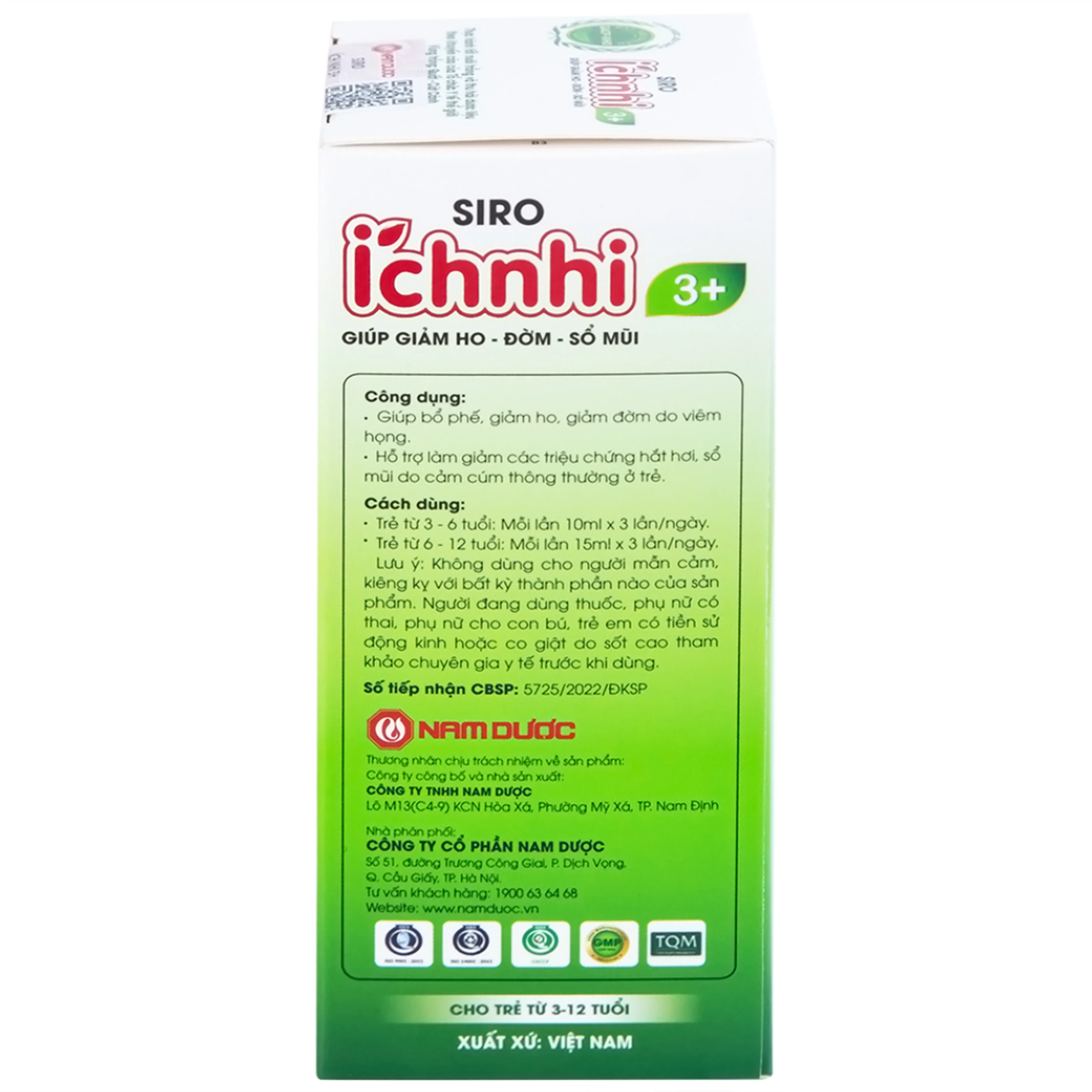 Siro hỗ trợ giảm ho tiêu đờm Ích Nhi 3+ Nam Dược (90ml)