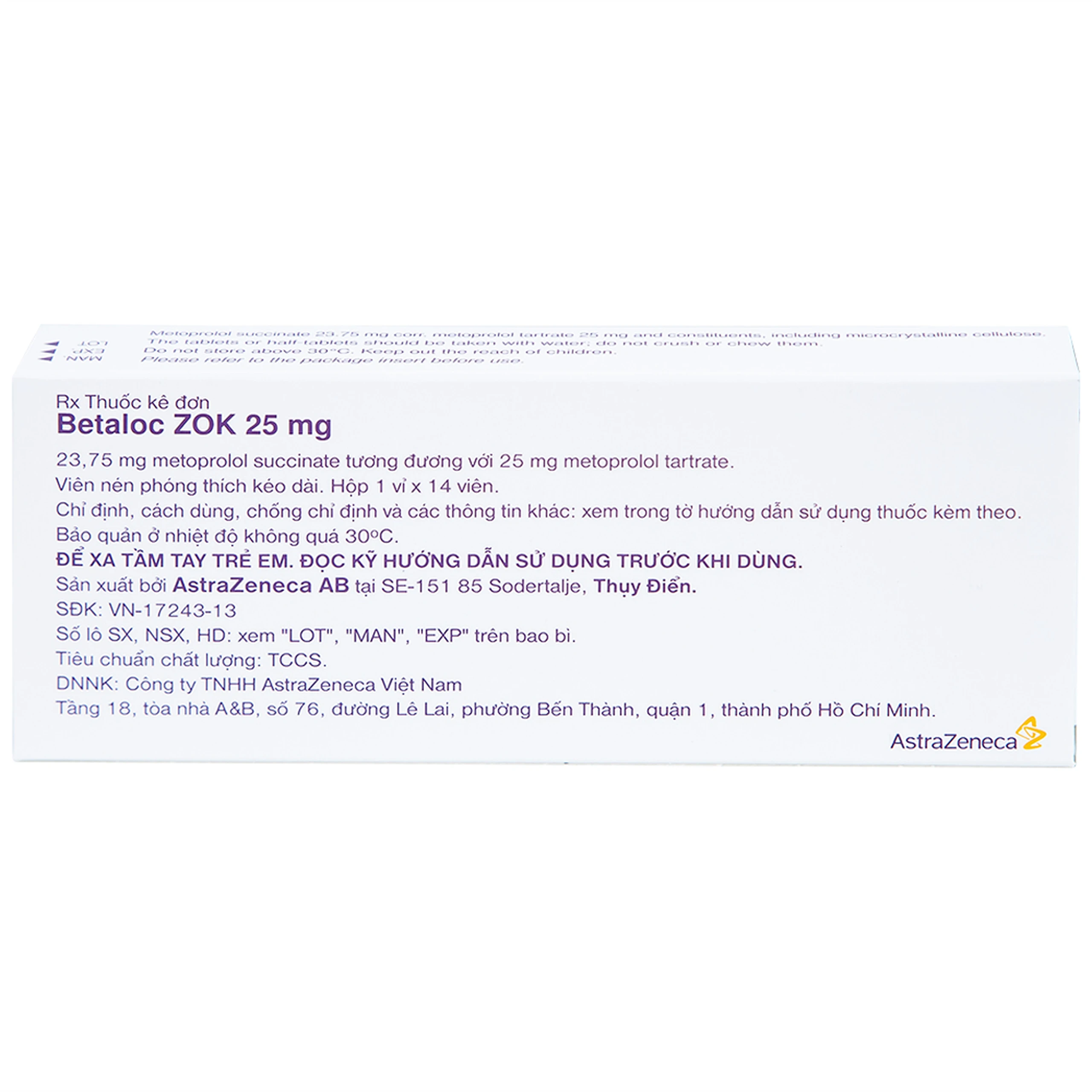Thuốc Betaloc Zok 25mg AstraZeneca điều trị tăng huyết áp (1 vỉ x 14 viên)