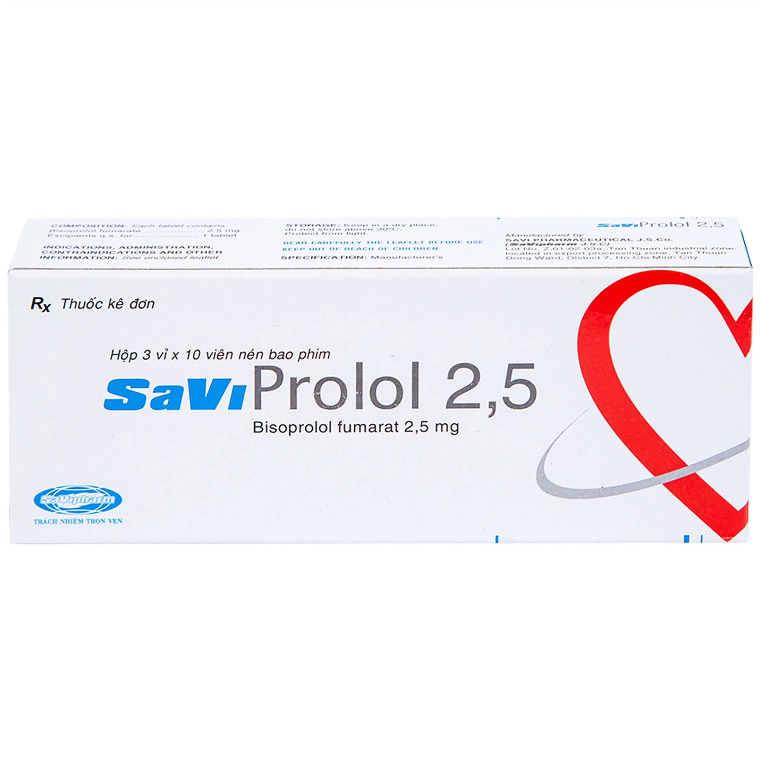 Thuốc SaViProlol 2,5 điều trị tăng huyết áp, đau thắt ngực (3 vỉ x 10 viên) 