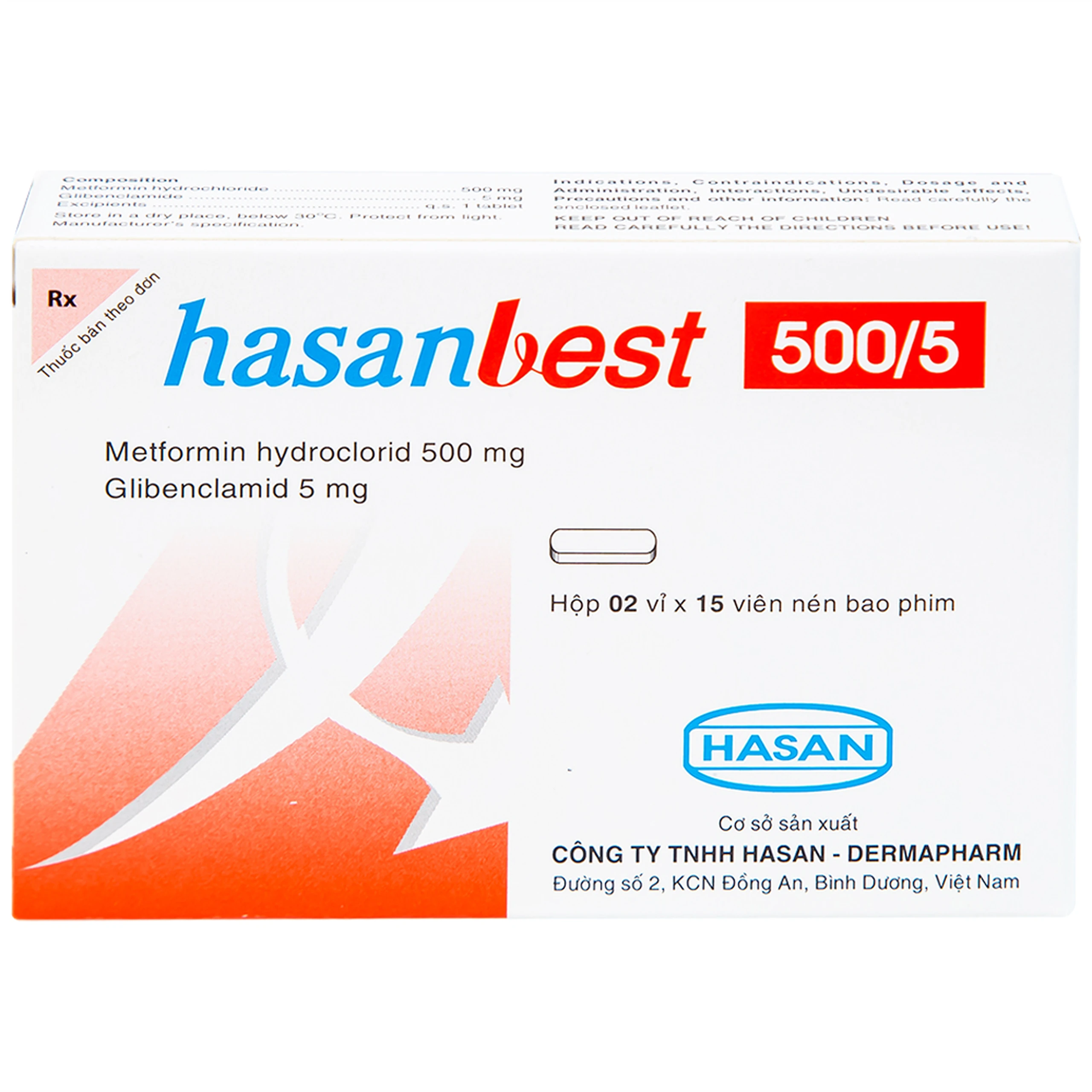 Thuốc Hasanbest 500/5 Hasan điều trị đái tháo đường típ 2 (2 vỉ x 15 viên)
