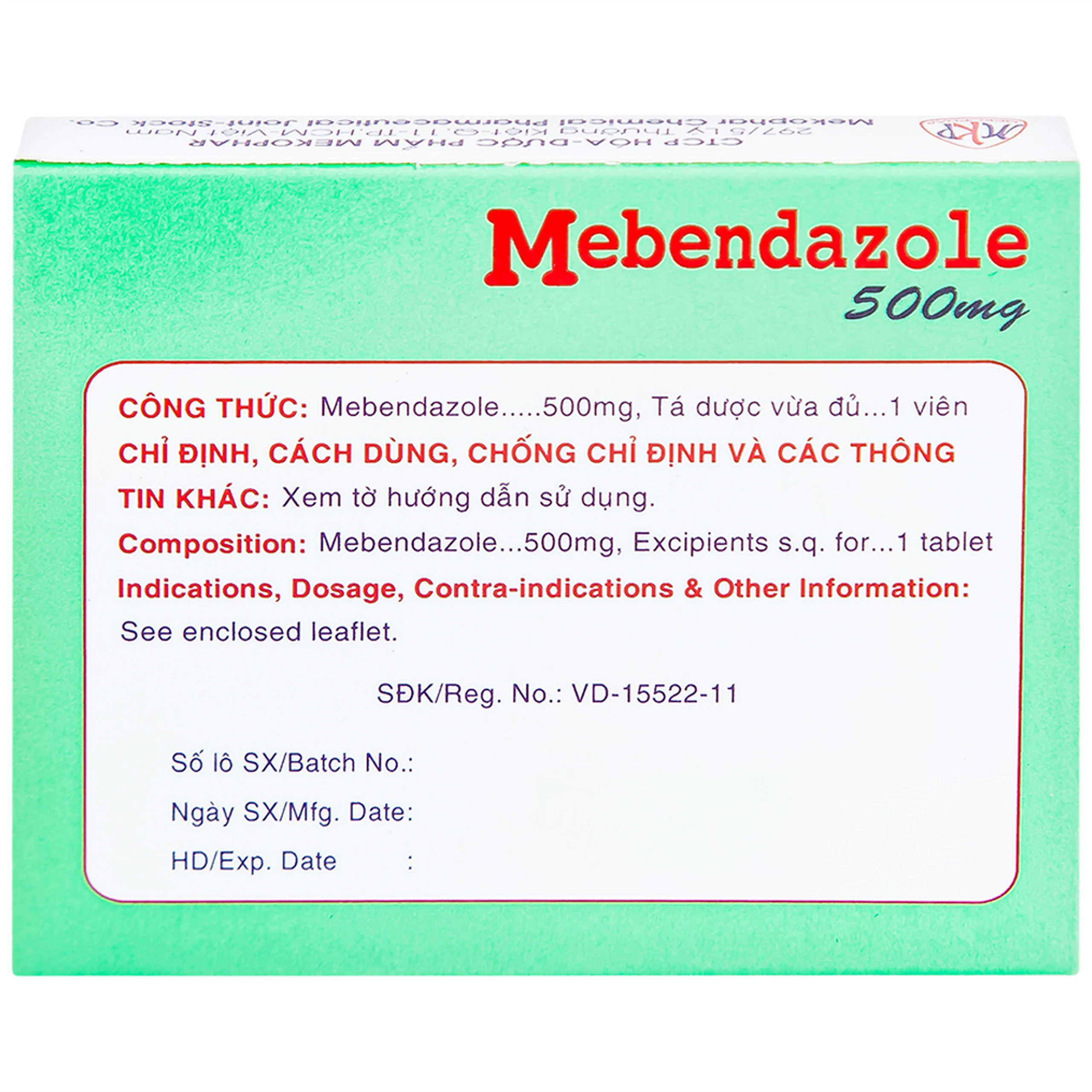 Viên nén Mebendazole 500mg Mekophar điều trị nhiễm một hay nhiều loại giun (1 viên)