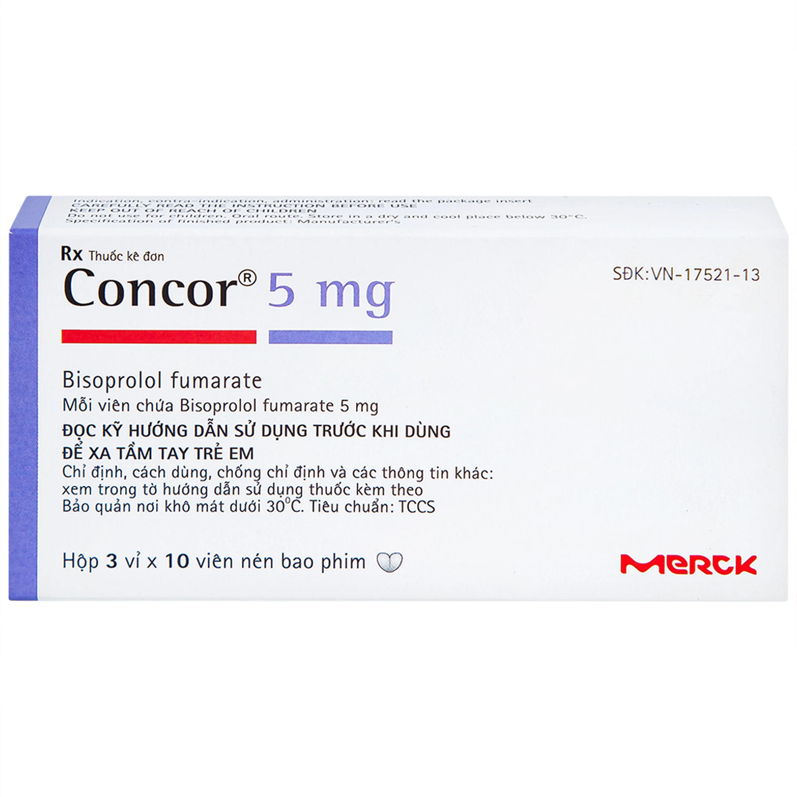 Thuốc Concor 5mg Merck điều trị tăng huyết áp, đau thắt ngực (3 vỉ x 10 viên)