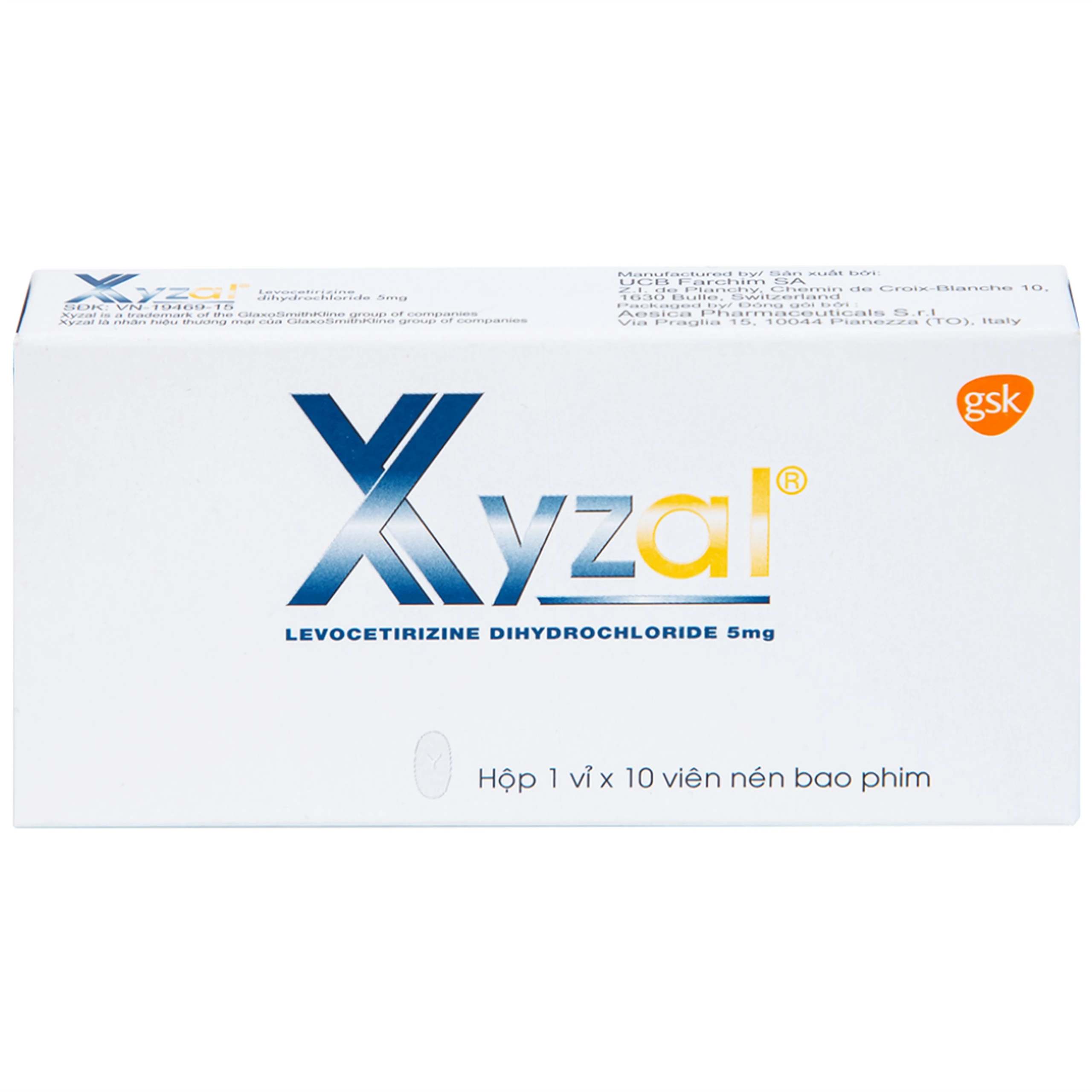 Thuốc Xyzal 5mg GSK điều trị triệu chứng viêm mũi dị ứng theo mùa (1 vỉ x 10 viên) 