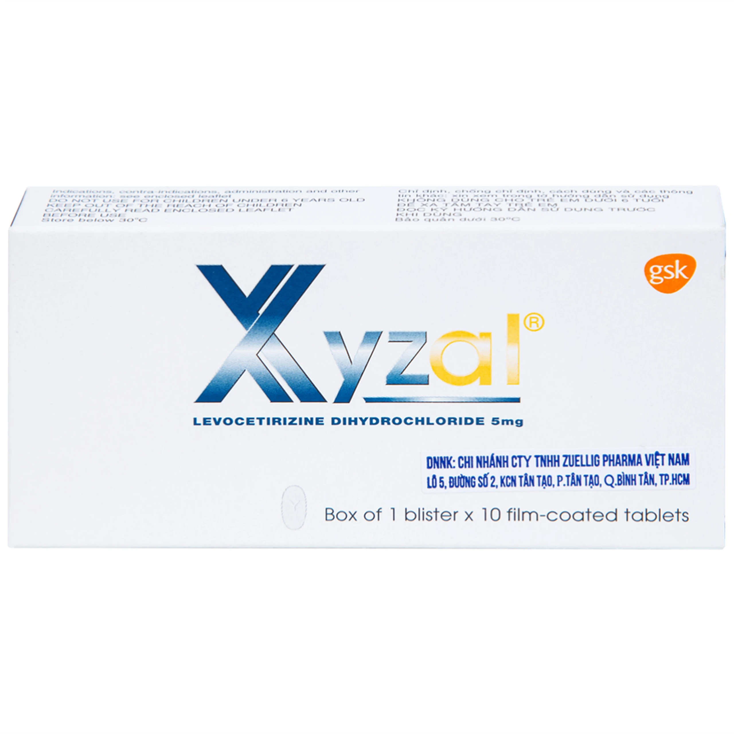 Thuốc Xyzal 5mg GSK điều trị triệu chứng viêm mũi dị ứng theo mùa (1 vỉ x 10 viên) 