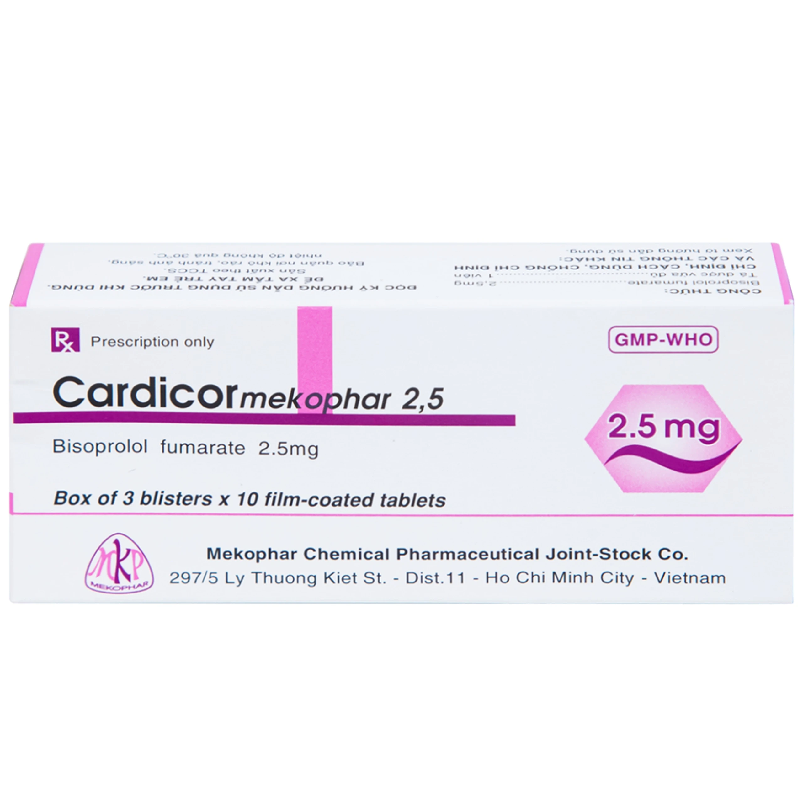 Thuốc Cardicor Mekophar 2.5 điều trị tăng huyết áp, đau thắt ngực (3 vỉ x 10 viên)