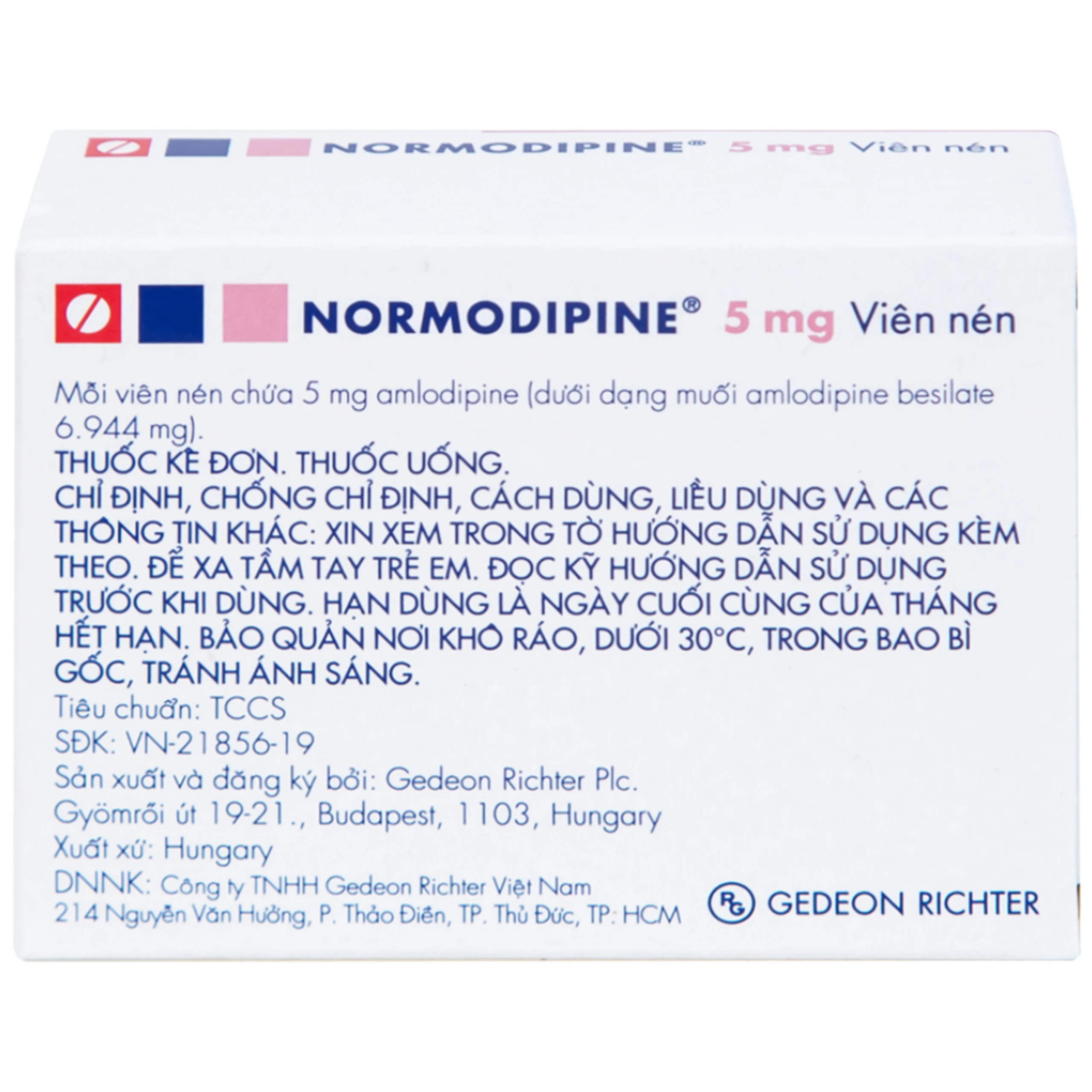 Viên nén Normodipine 5mg Gedeon điều trị tăng huyết áp, đau thắt ngực ổn định (3 vỉ x 10 viên)