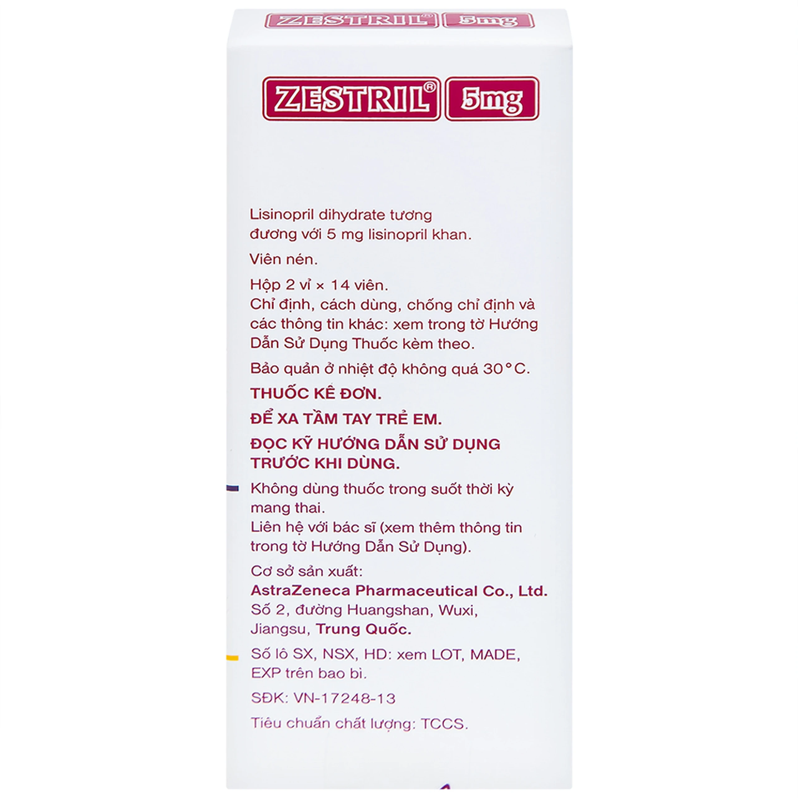 Thuốc Zestril 5mg AstraZeneca điều trị tăng huyết áp, suy tim (2 vỉ x 14 viên)