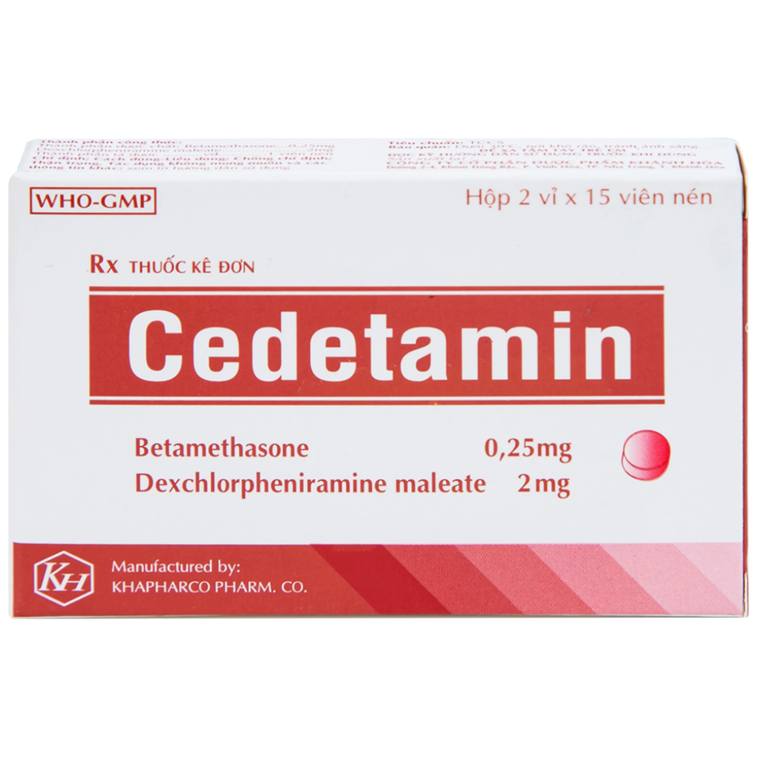 Thuốc Cedetamin Khapharco điều trị viêm mũi dị ứng, mày đay (2 vỉ x 15 viên)