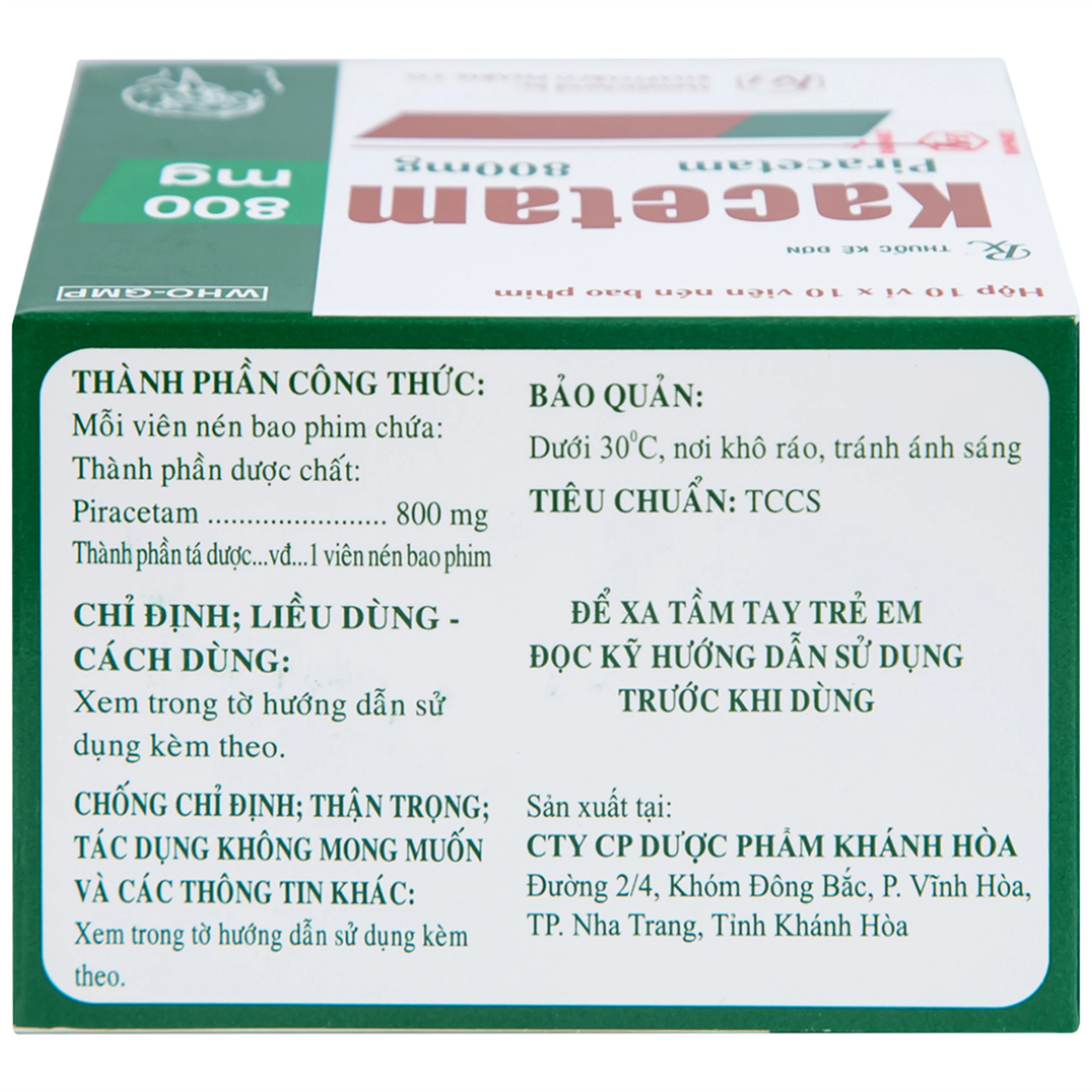 Viên nén Kacetam 800mg Khapharco điều trị rung giật cơ có nguồn gốc vỏ não, thiếu máu não (10 vỉ x 10 viên)
