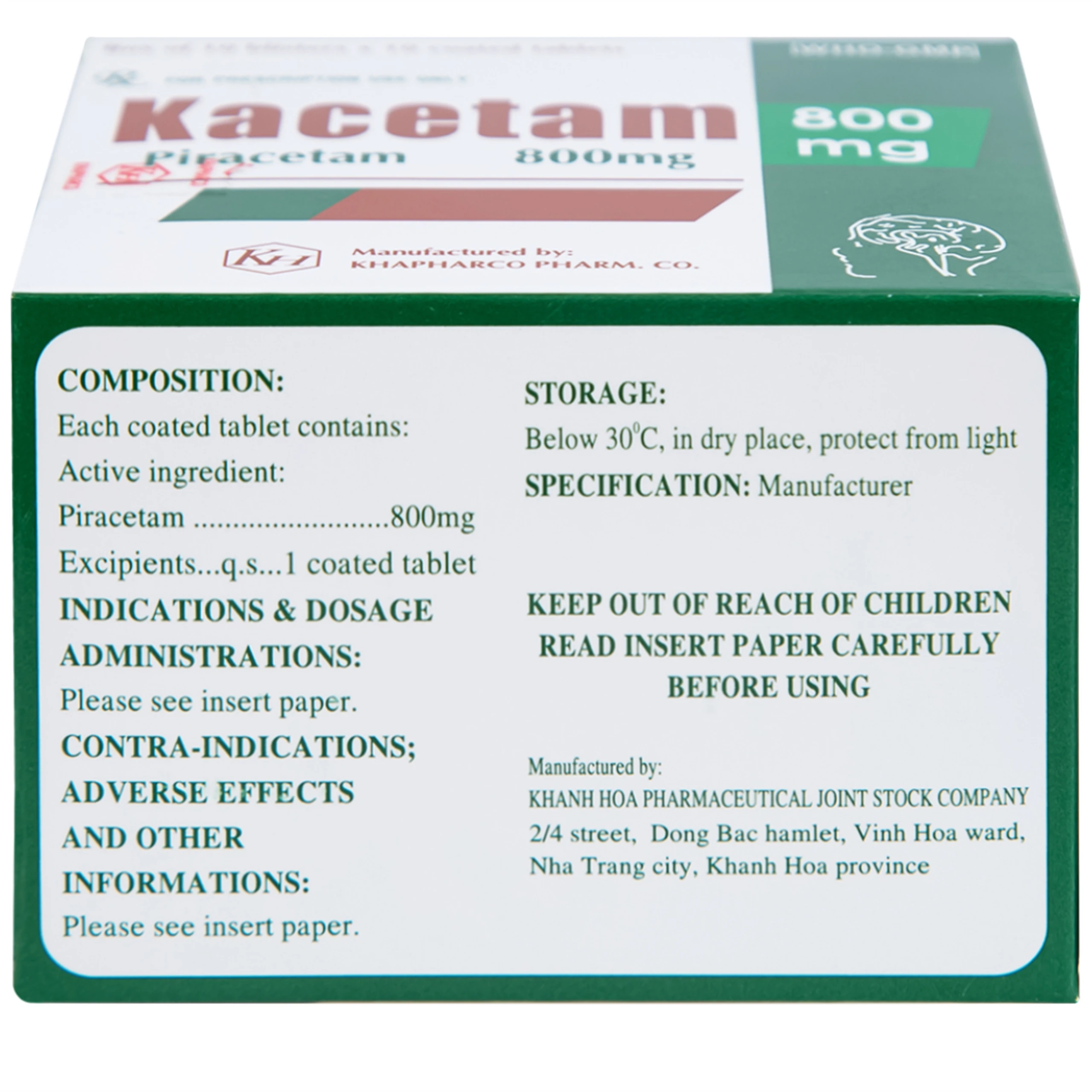 Viên nén Kacetam 800mg Khapharco điều trị rung giật cơ có nguồn gốc vỏ não, thiếu máu não (10 vỉ x 10 viên)
