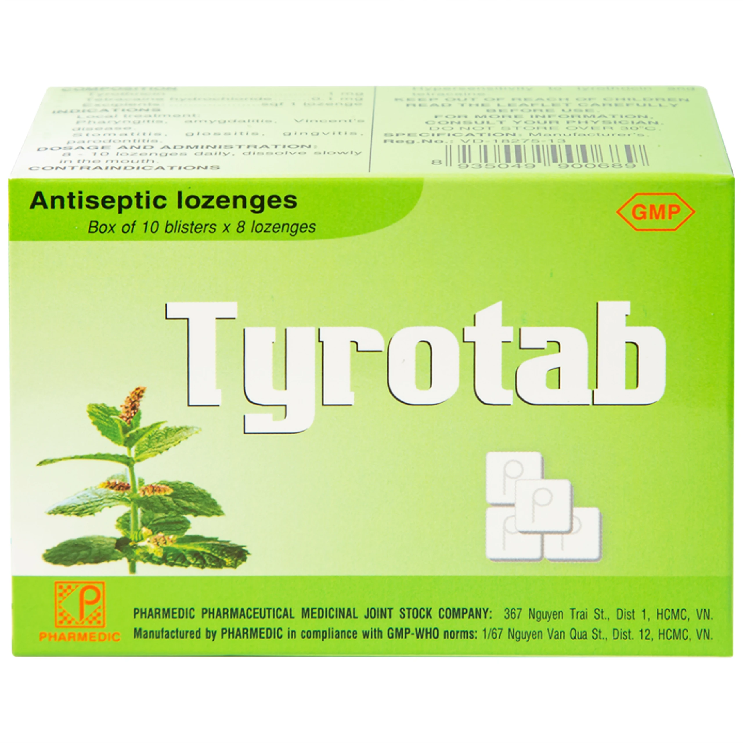 Viên ngậm sát trùng Tyrotab Pharmedic điều trị viêm họng, viêm amidan (10 vỉ x 8 viên)
