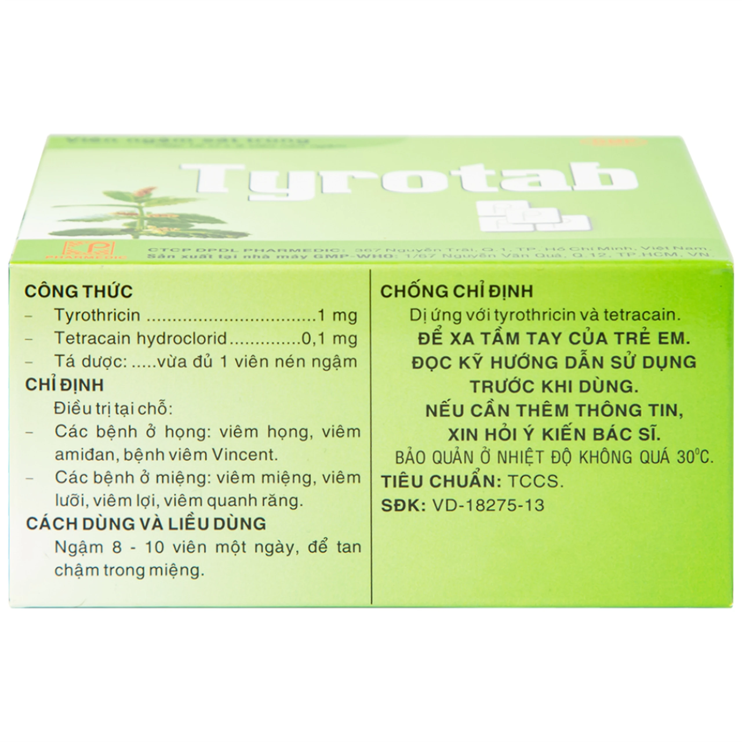 Viên ngậm sát trùng Tyrotab Pharmedic điều trị viêm họng, viêm amidan (10 vỉ x 8 viên)