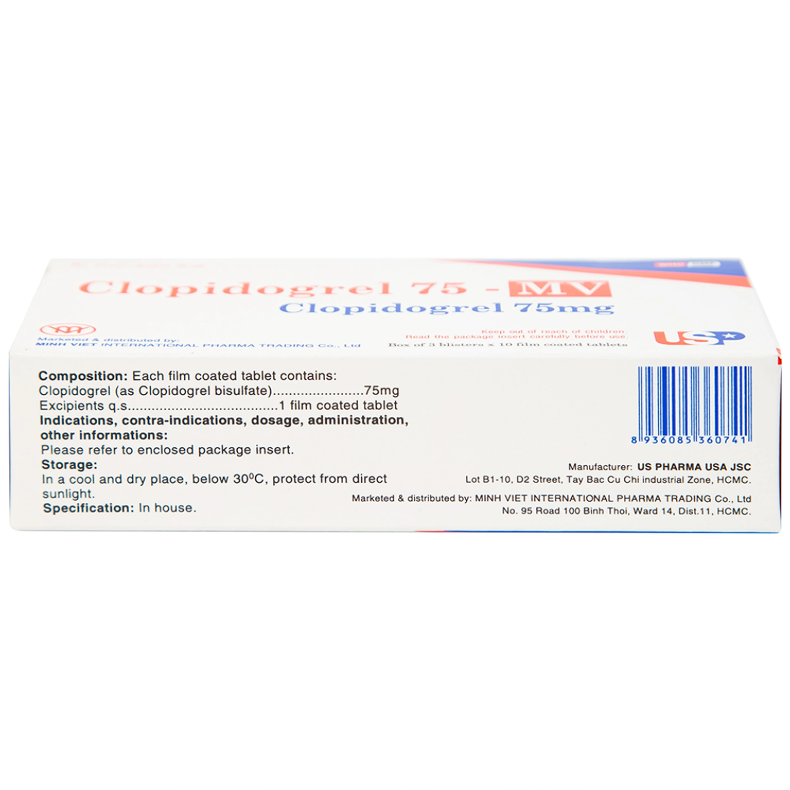 Thuốc Clopidogrel 75 - MV USP làm giảm hay dự phòng các biến cố huyết khối (3 vỉ x 10 viên)