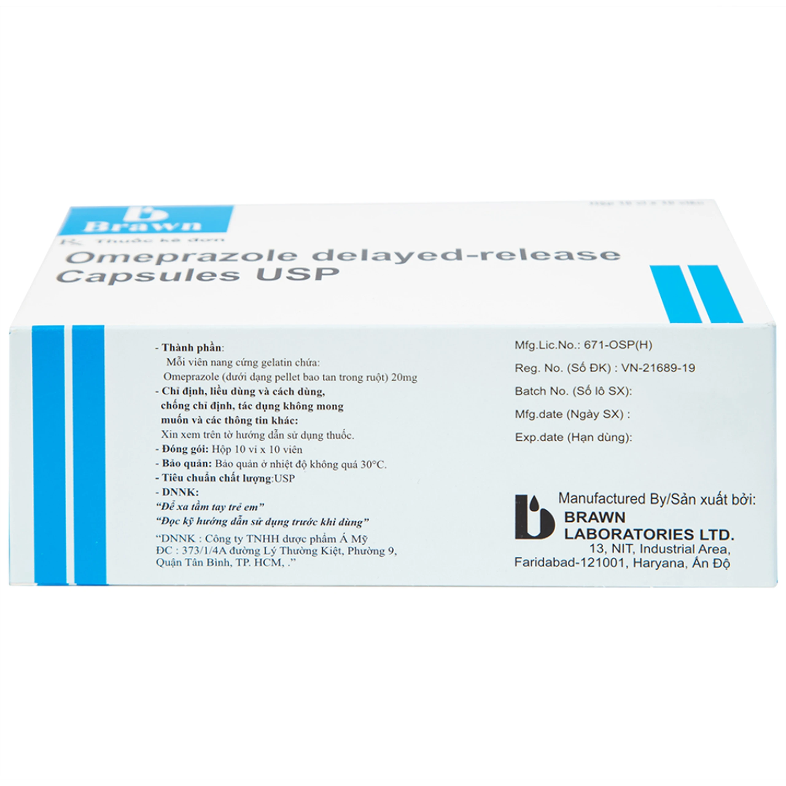 Thuốc Omeprazole 20mg Delayed Release Brawn điều trị loét dạ dày tá tràng (10 vỉ x 10 viên)
