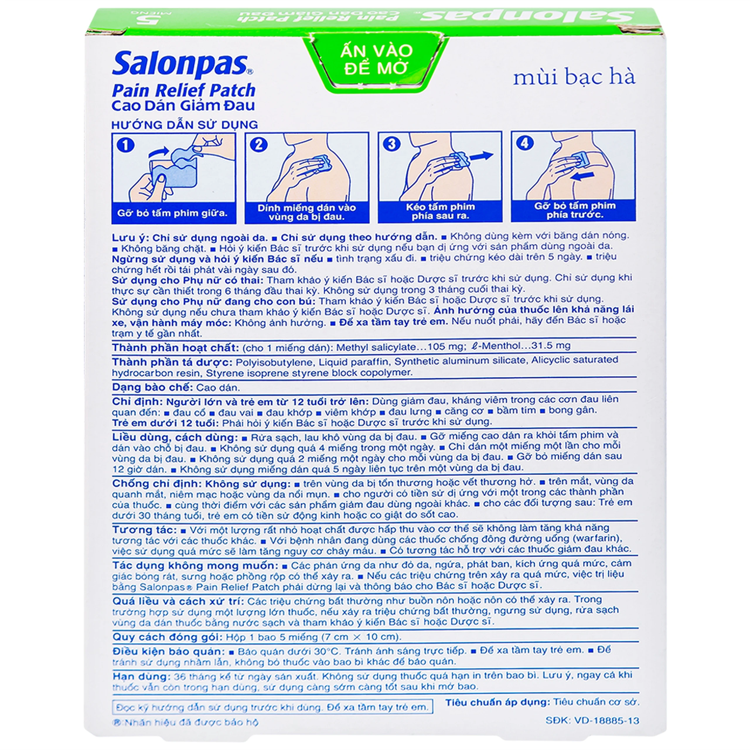 Cao dán giảm đau Salonpas Pain Relief Patch dùng trong các cơn đau vai, đau cổ (7cm x 10 cm - 5 miếng)