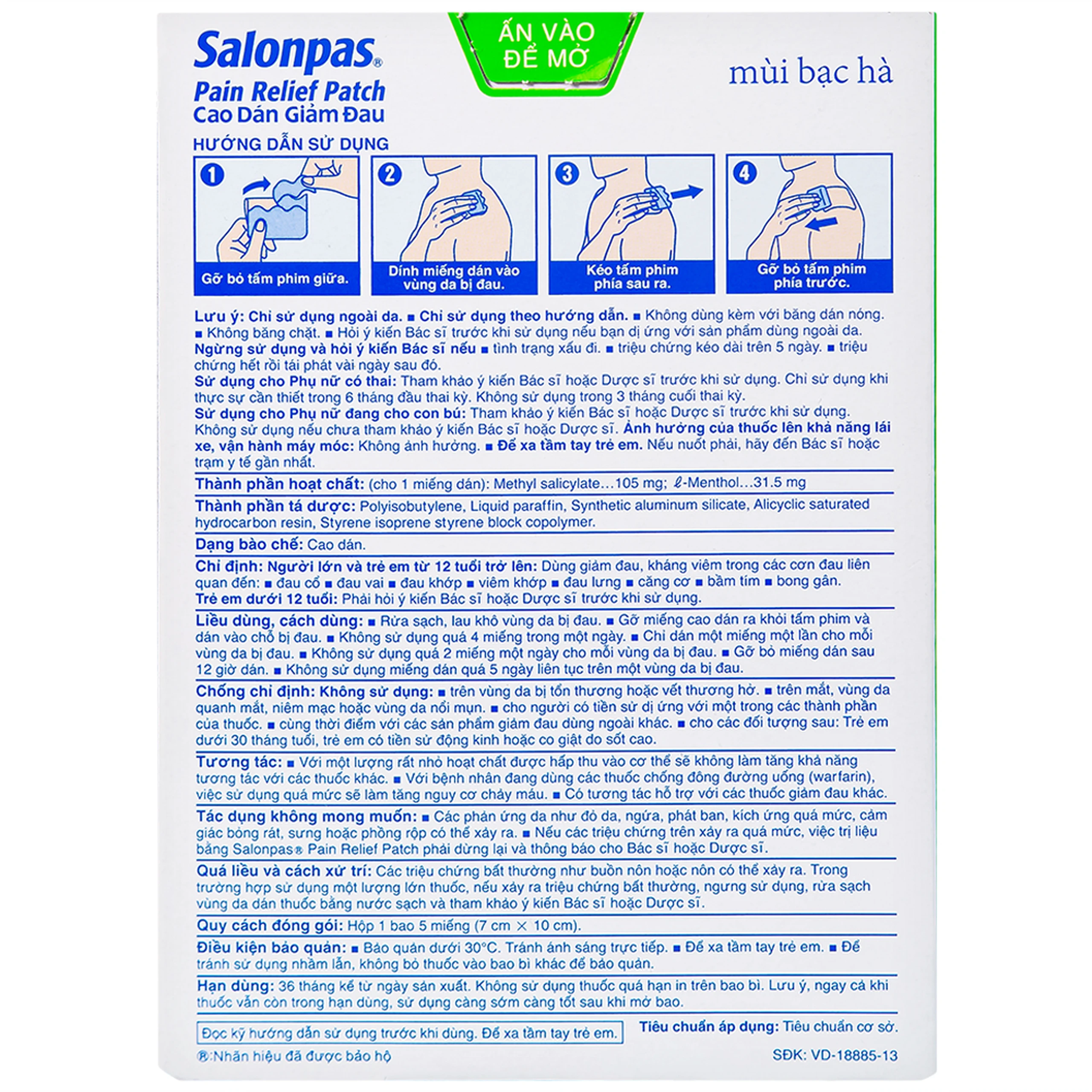 Cao dán giảm đau Salonpas Pain Relief Patch dùng trong các cơn đau vai, đau cổ (7cm x 10 cm - 5 miếng)