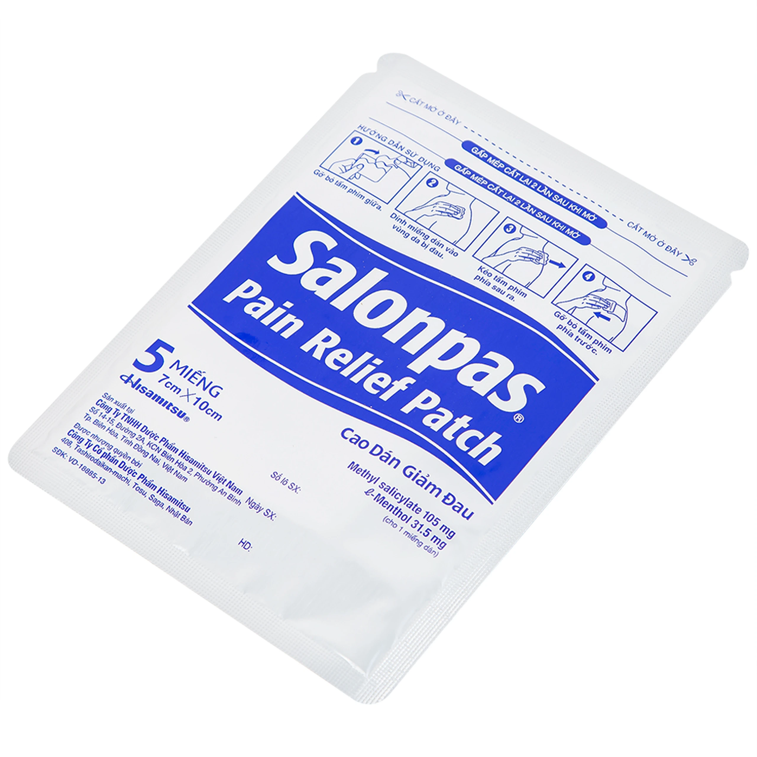 Cao dán giảm đau Salonpas Pain Relief Patch dùng trong các cơn đau vai, đau cổ (7cm x 10 cm - 5 miếng)