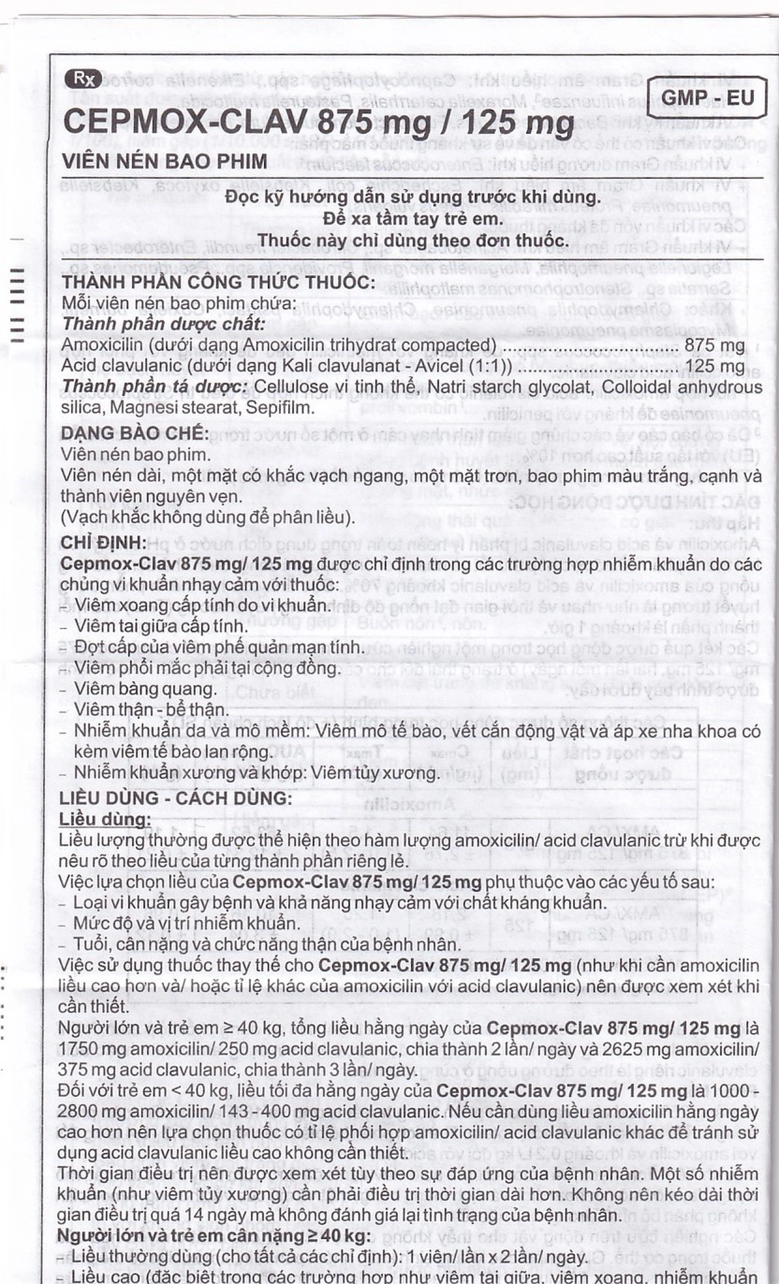 Thuốc Cepmox-Clav 875mg/125mg Imexpharm điều trị viêm xoang cấp tính do vi khuẩn, viêm tai giữa cấp tính (2 vỉ x 7 viên)