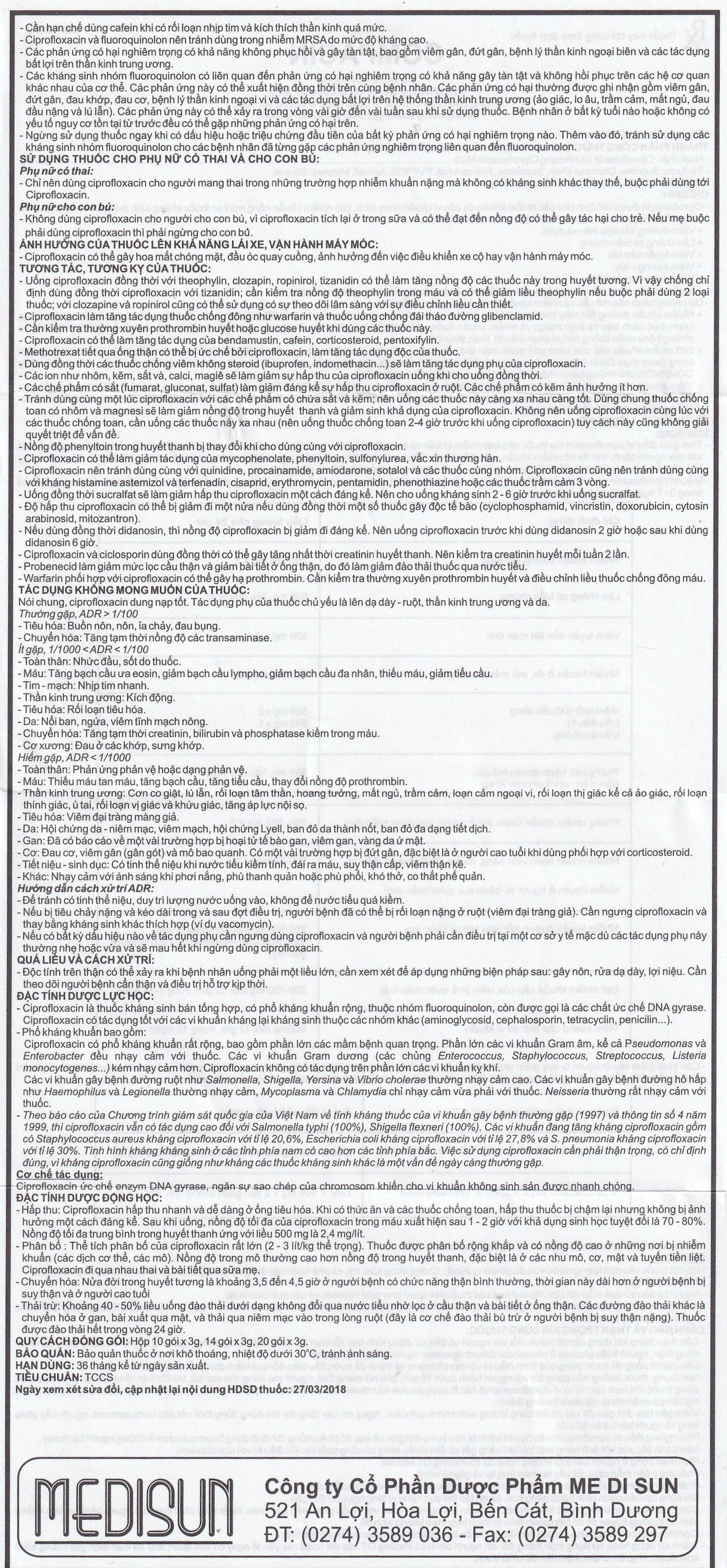 Bột pha hỗn dịch uống Compacin 250mg Medisun dùng cho các nhiễm khuẩn do các vi khuẩn nhạy cảm (20 gói)