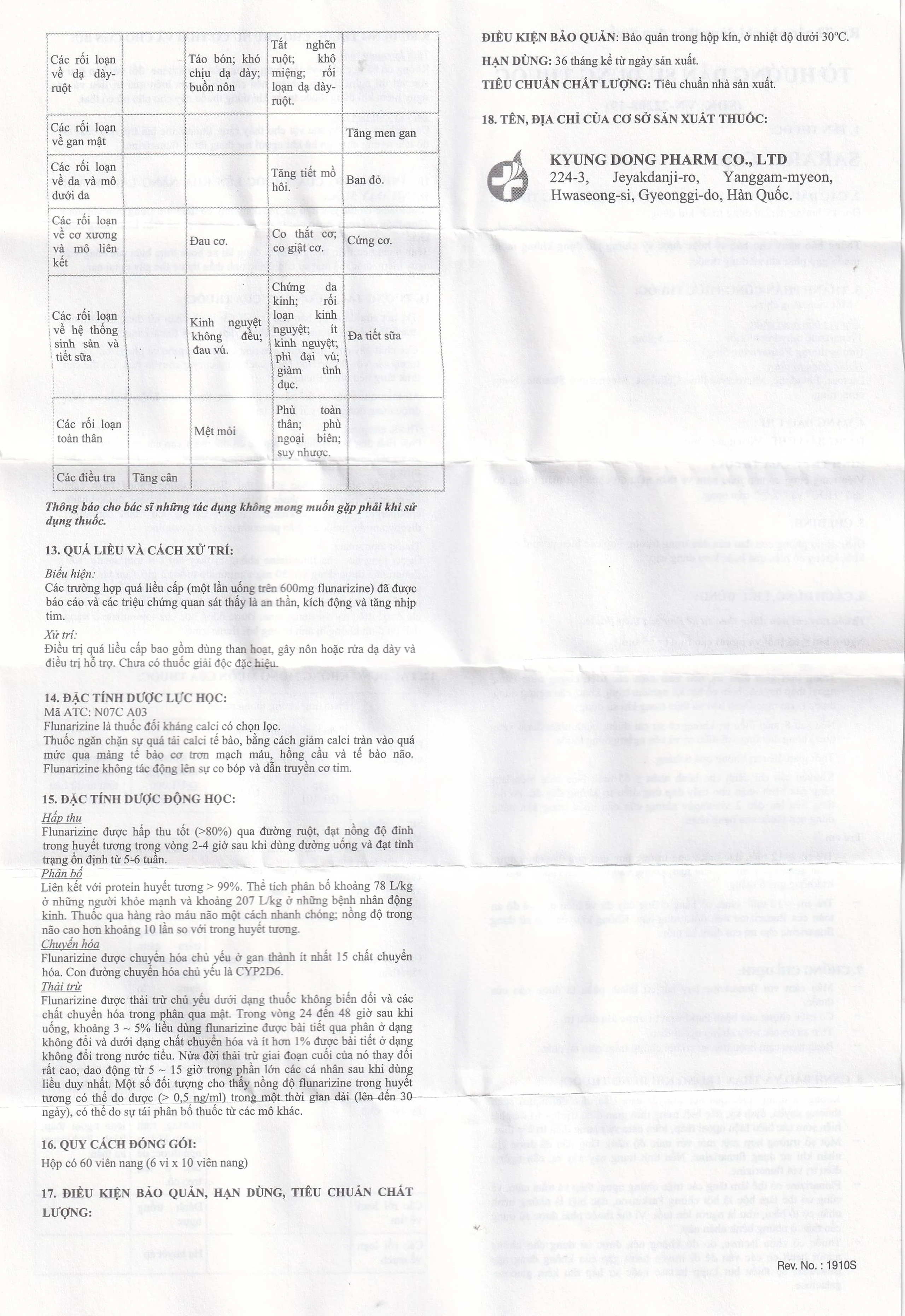 Thuốc Sarariz 5.9mg Kyung Dong điều trị đau nửa đầu, chứng chóng mặt (60 viên)