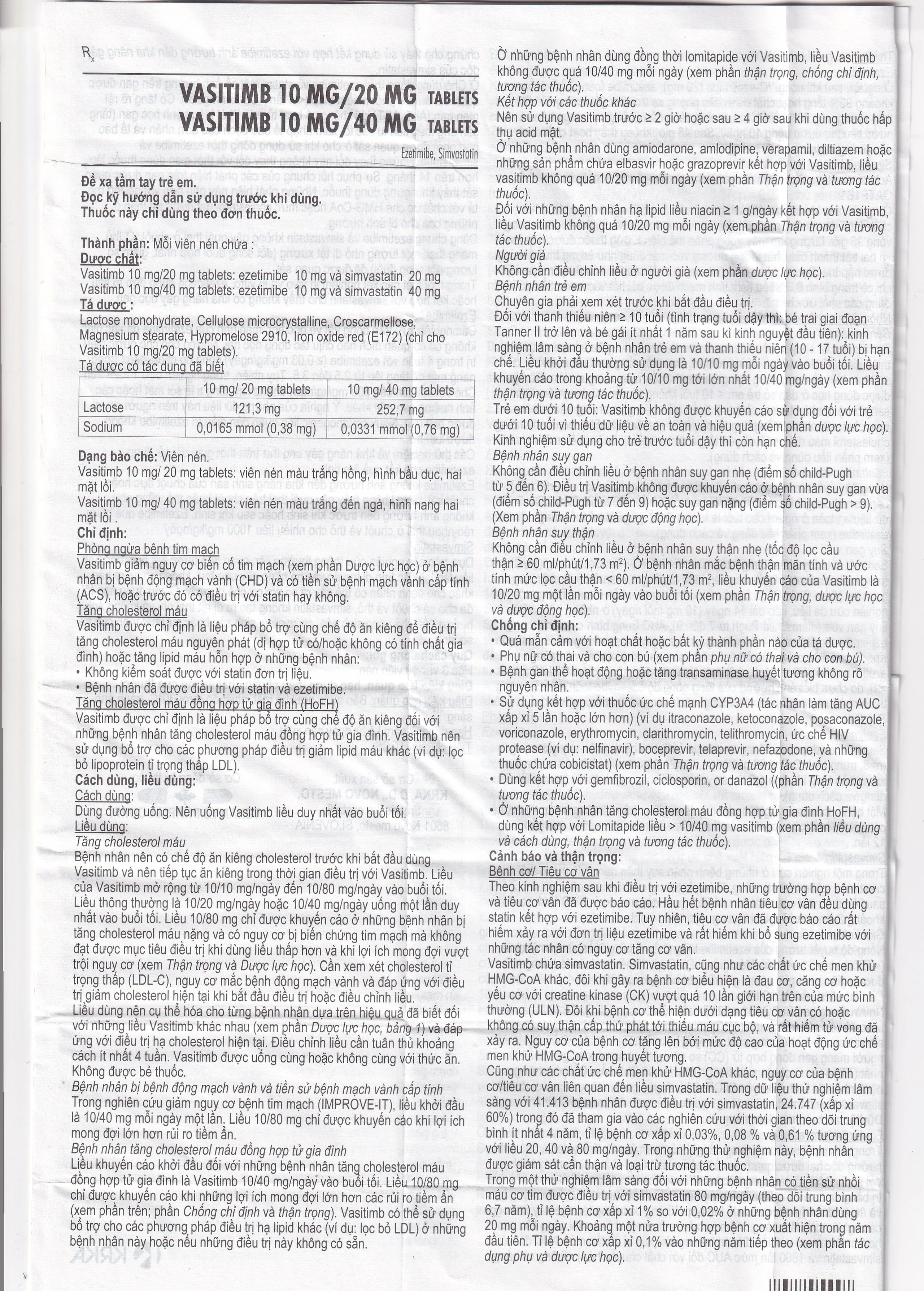 Thuốc Vasitimb 10mg/20mg tablets Krka giúp phòng bệnh tim, điều trị tăng cholesterol máu, máu đồng hợp tử gia đình (3 vỉ x 10 viên)