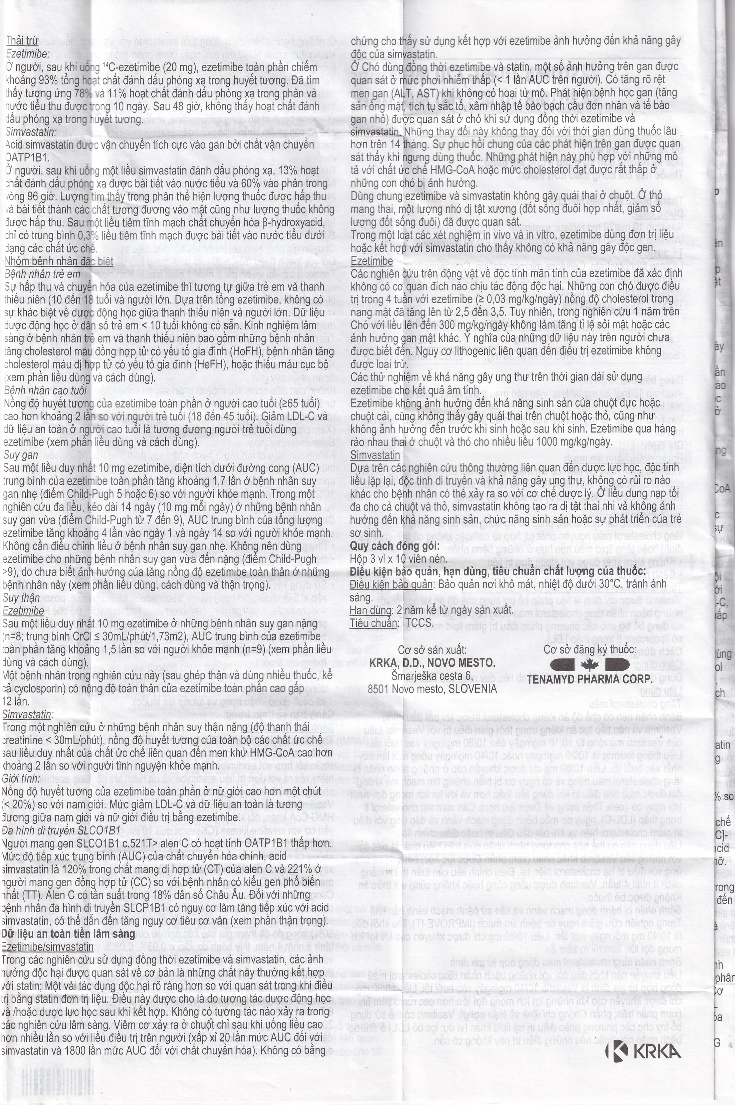 Thuốc Vasitimb 10mg/20mg tablets Krka giúp phòng bệnh tim, điều trị tăng cholesterol máu, máu đồng hợp tử gia đình (3 vỉ x 10 viên)