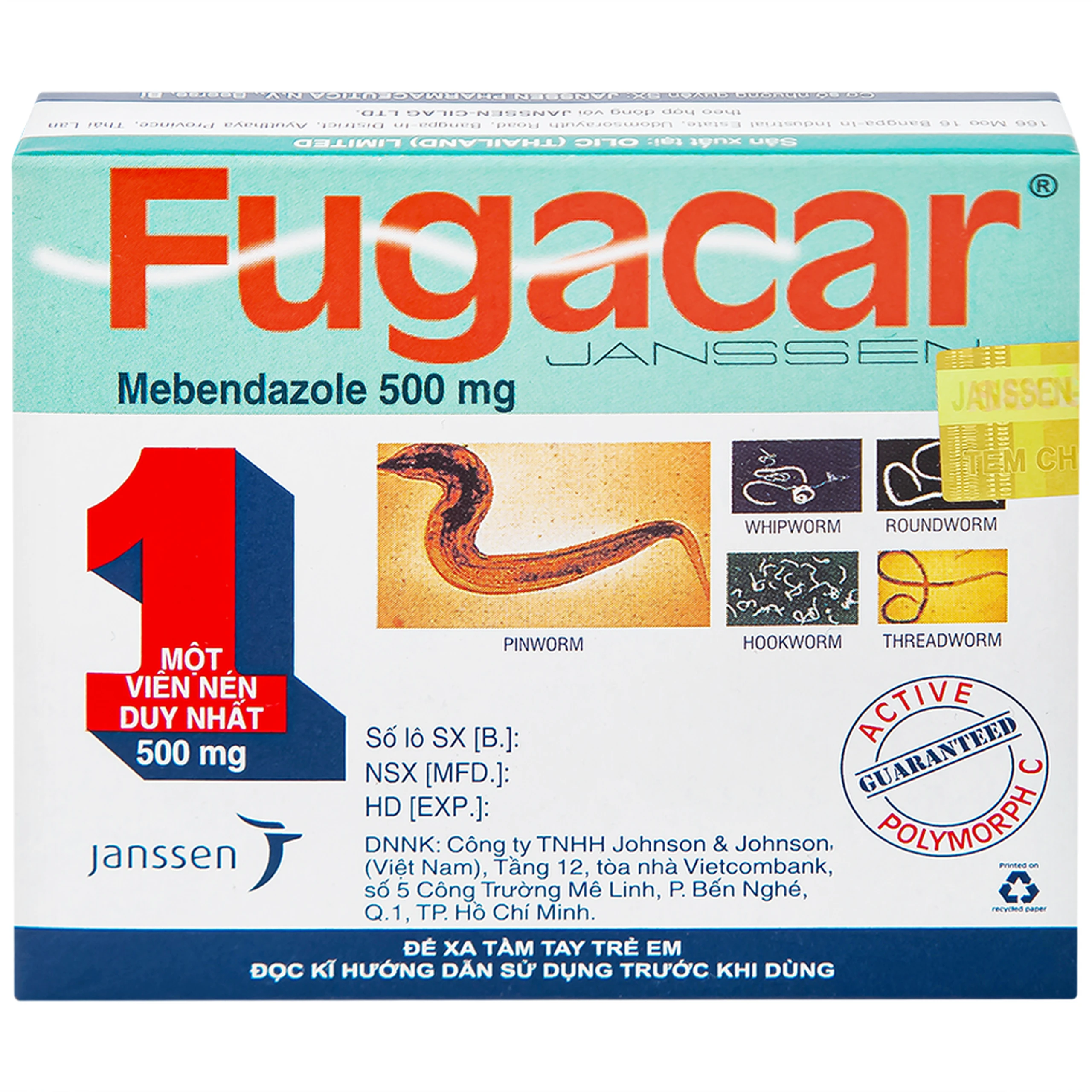 Thuốc Fugacar Janssen không vị điều trị nhiễm một hoặc nhiều loại giun đường ruột (1 viên)