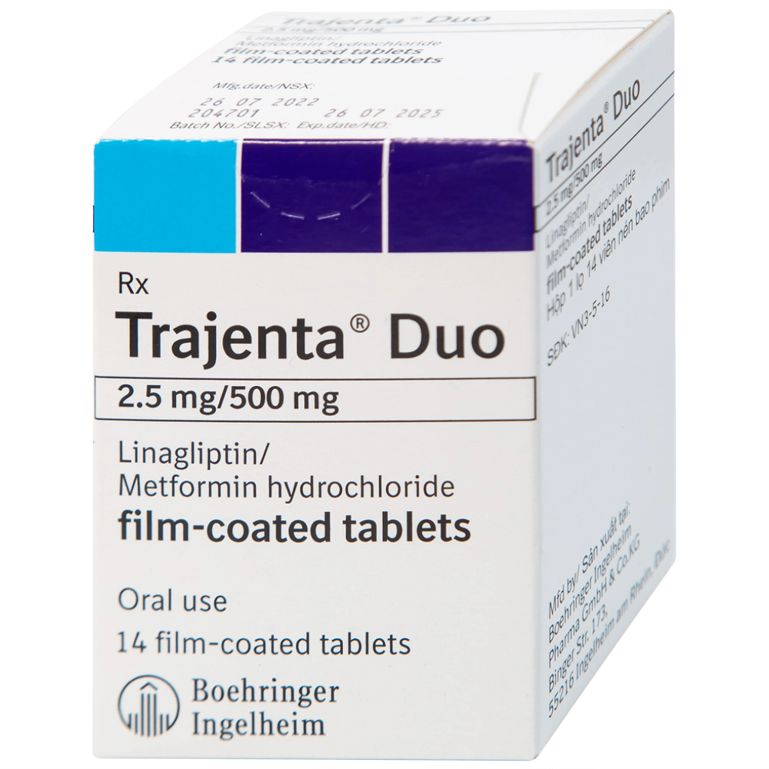 Thuốc Trajenta Duo 2.5mg/500mg Boehringer điều trị đái tháo đường típ 2 (14 viên)