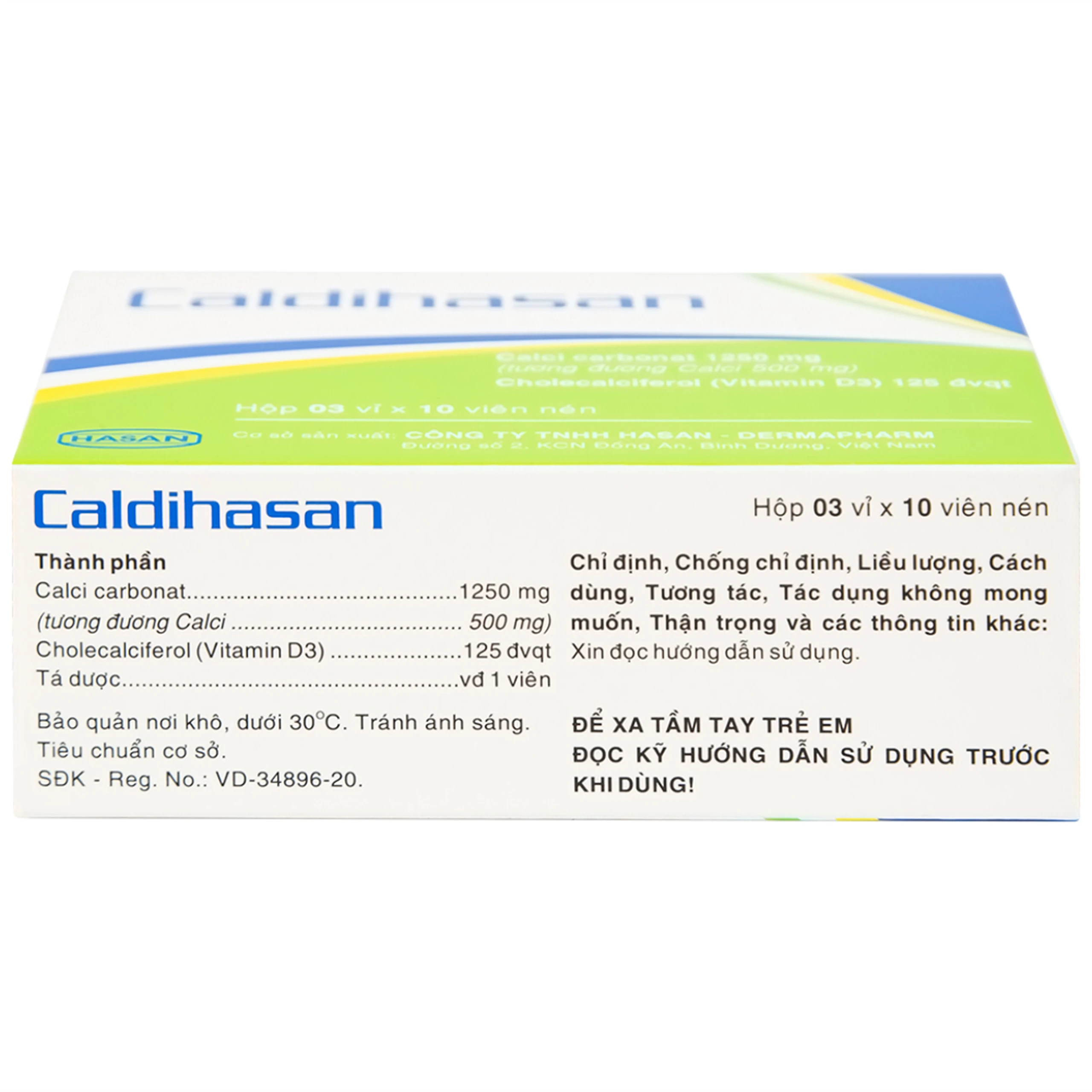 Thuốc Caldihasan 1250mg/125IU Hasan phòng và điều trị thiếu hụt vitamin D, canxi (3 vỉ x 10 viên)