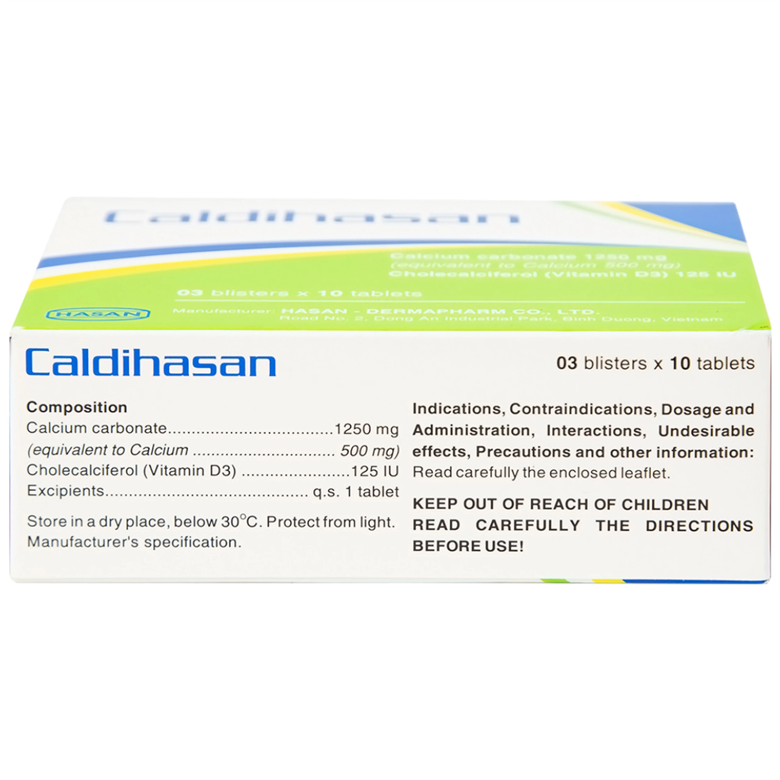Thuốc Caldihasan 1250mg/125IU Hasan phòng và điều trị thiếu hụt vitamin D, canxi (3 vỉ x 10 viên)