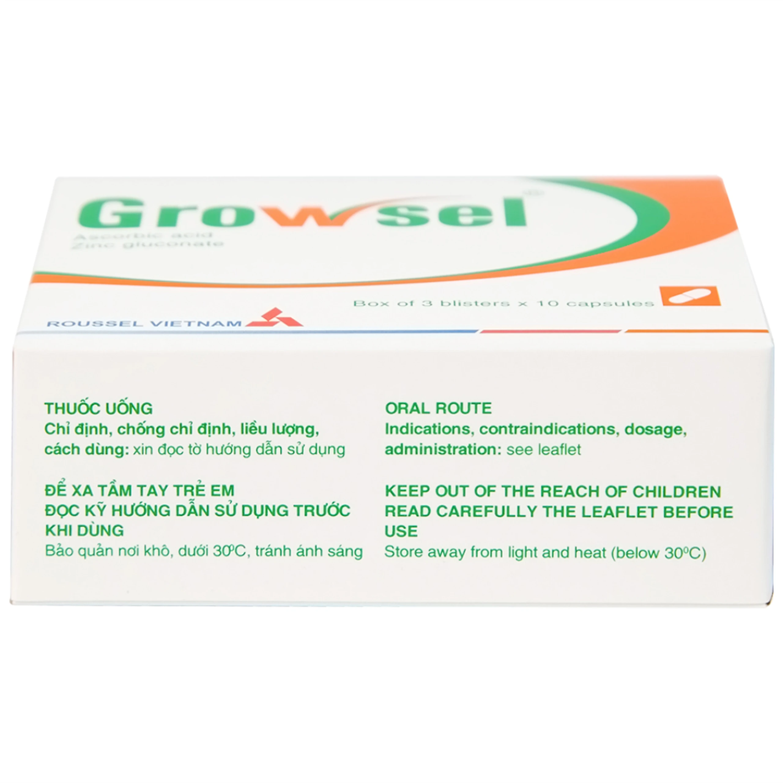 Thuốc Growsel Roussel điều trị bệnh do thiếu vitamin C và kẽm (3 vỉ x 10 viên)